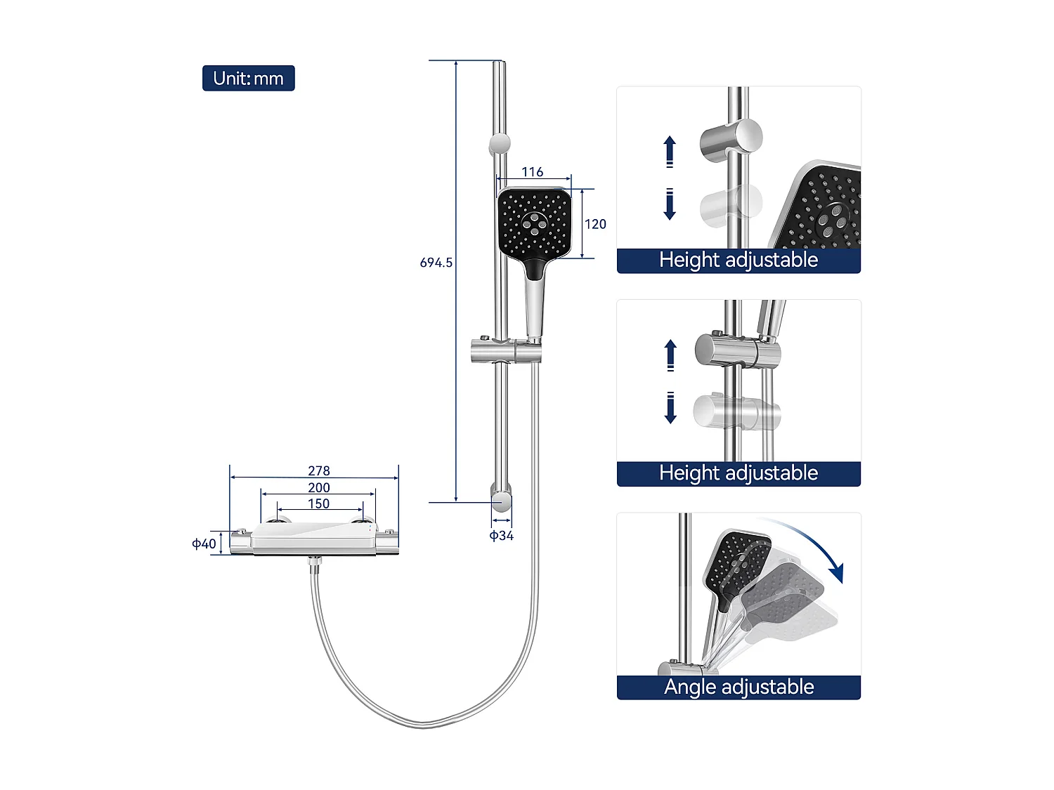 2-teiliges Lonheo max Elegantes Duschset mit Ablage und 3-Funktions-Handbrause, verchromte Thermostat-Duschsäule mit 38 °C Mischbatterie