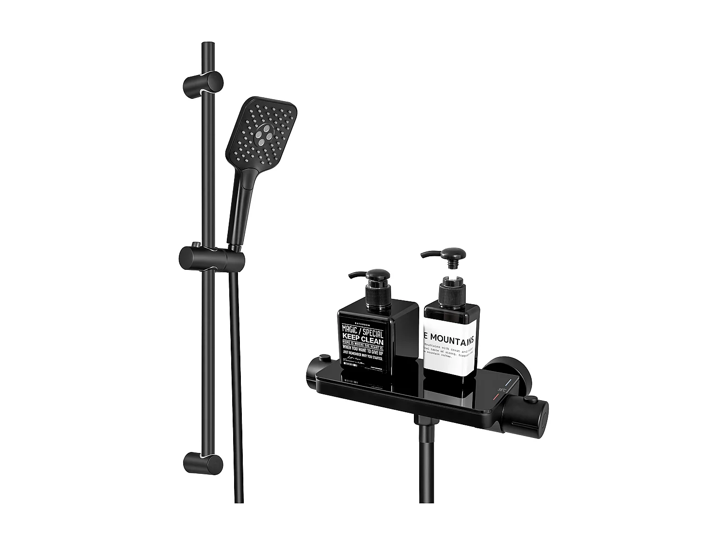 Lonheo max Columna de ducha 38°C termostática negra + estantes de cristal templado + teleducha 3 tipos de chorros