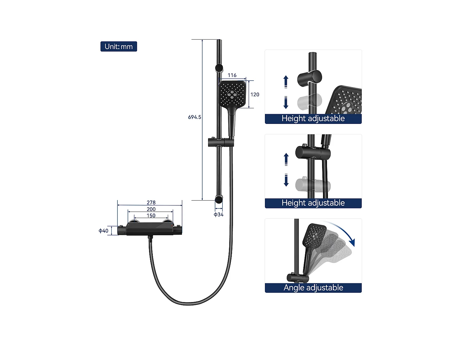 Lonheo max Colonne de Douche 38°C Thermostatique Noir + Etagères en Verre Trempé + Douchette à Main 3 Types de Jets