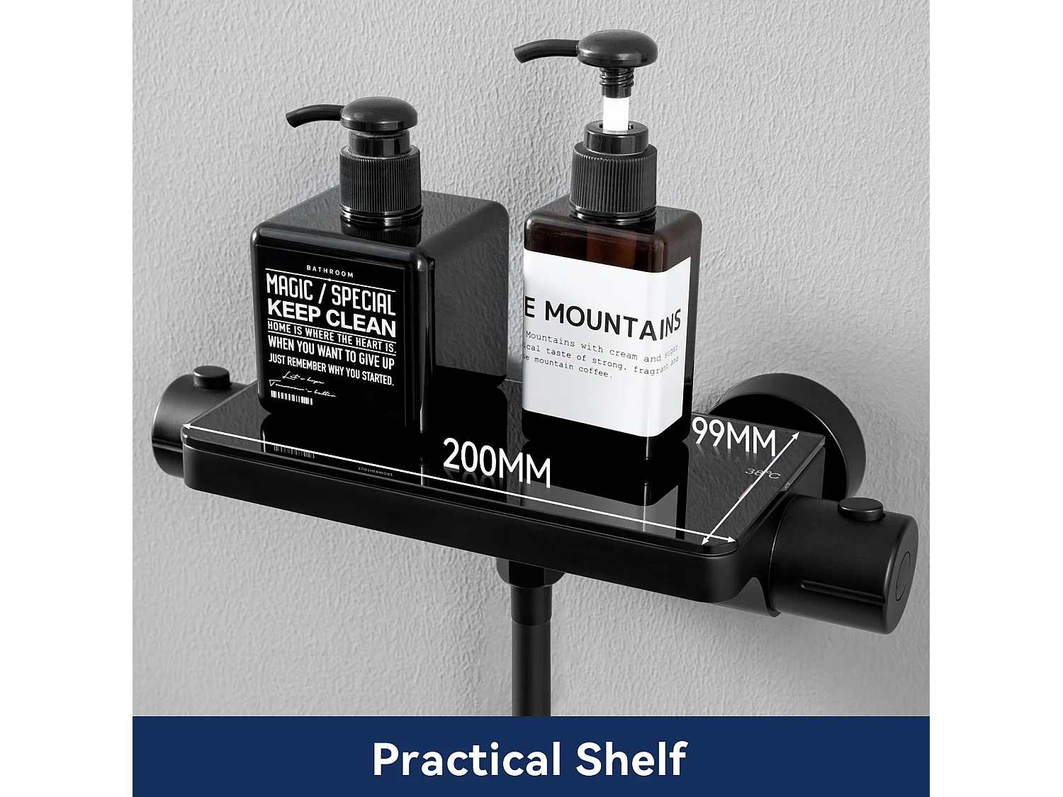 STKS Lonheo max Elegante doucheset met planchet en handdouche met 3 functies, zwarte thermostatische douchezuil met mengkraan van 38 ° C