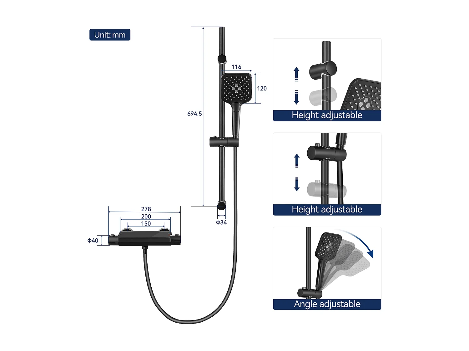 STKS Lonheo max Elegante doucheset met planchet en handdouche met 3 functies, zwarte thermostatische douchezuil met mengkraan van 38 ° C