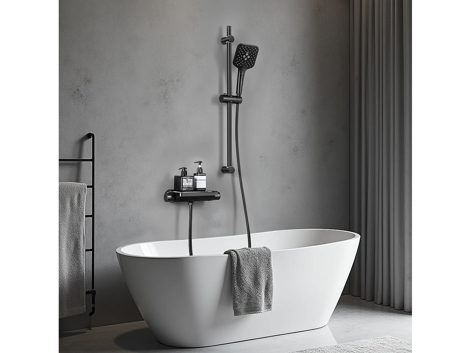Duschset mit Ablage und 3-Funktions-Handbrause, schwarze Thermostat-Duschsäule mit 38°C-Mischbatterie