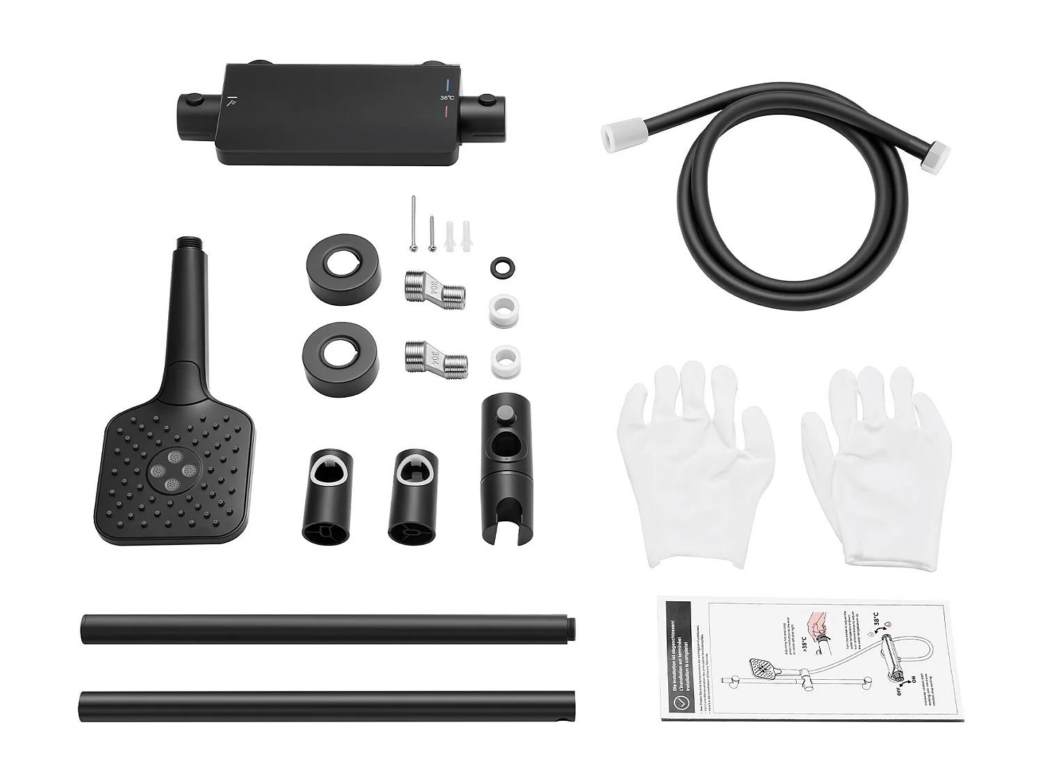 Duschset mit Ablage und 3-Funktions-Handbrause, schwarze Thermostat-Duschsäule mit 38°C-Mischbatterie