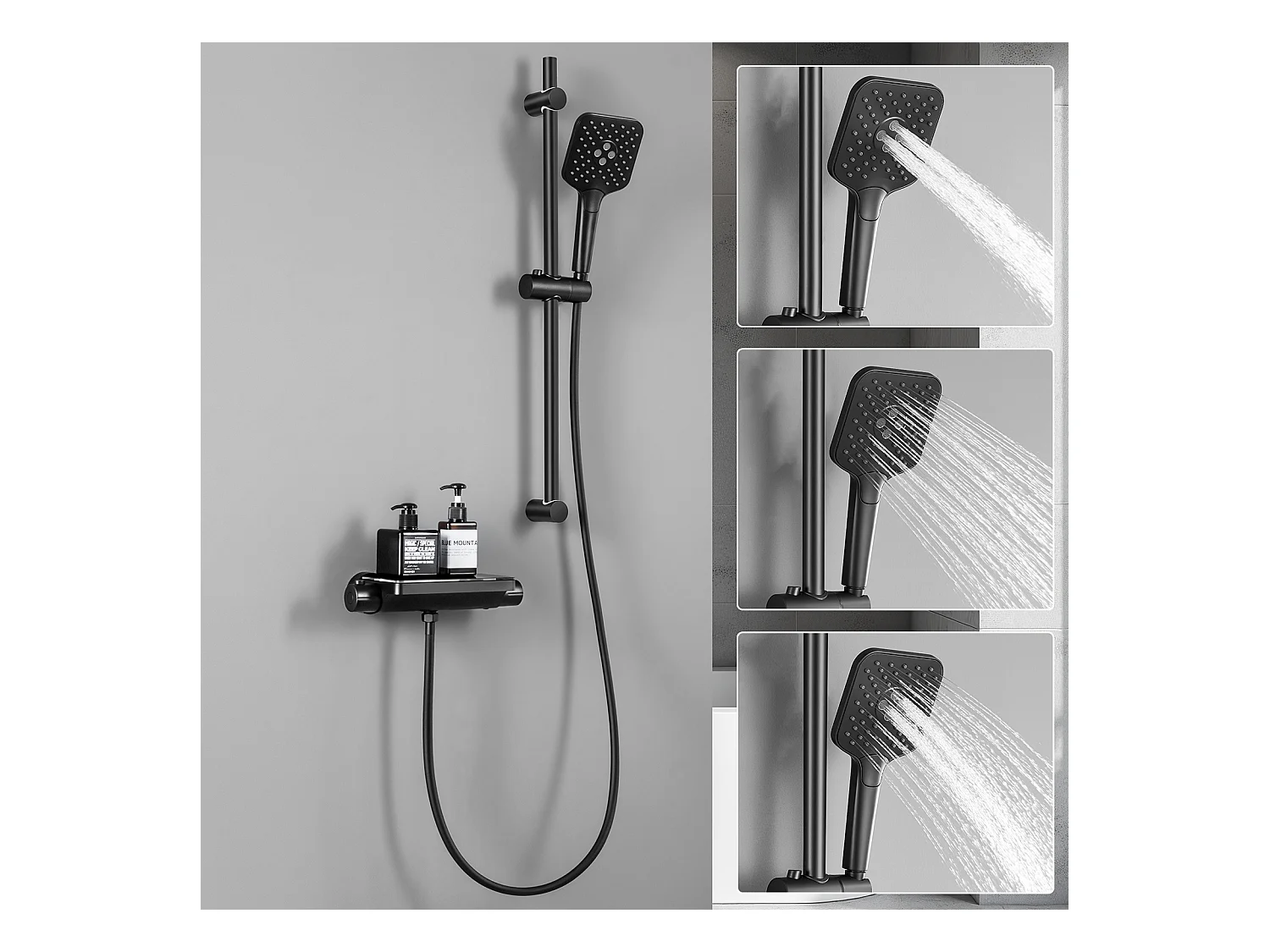 Ensemble de Douche avec Etagère et Douchette à Main 3 Fonctions, Noir Colonne de Douche Thermostatique avec 38°C Mitigeur