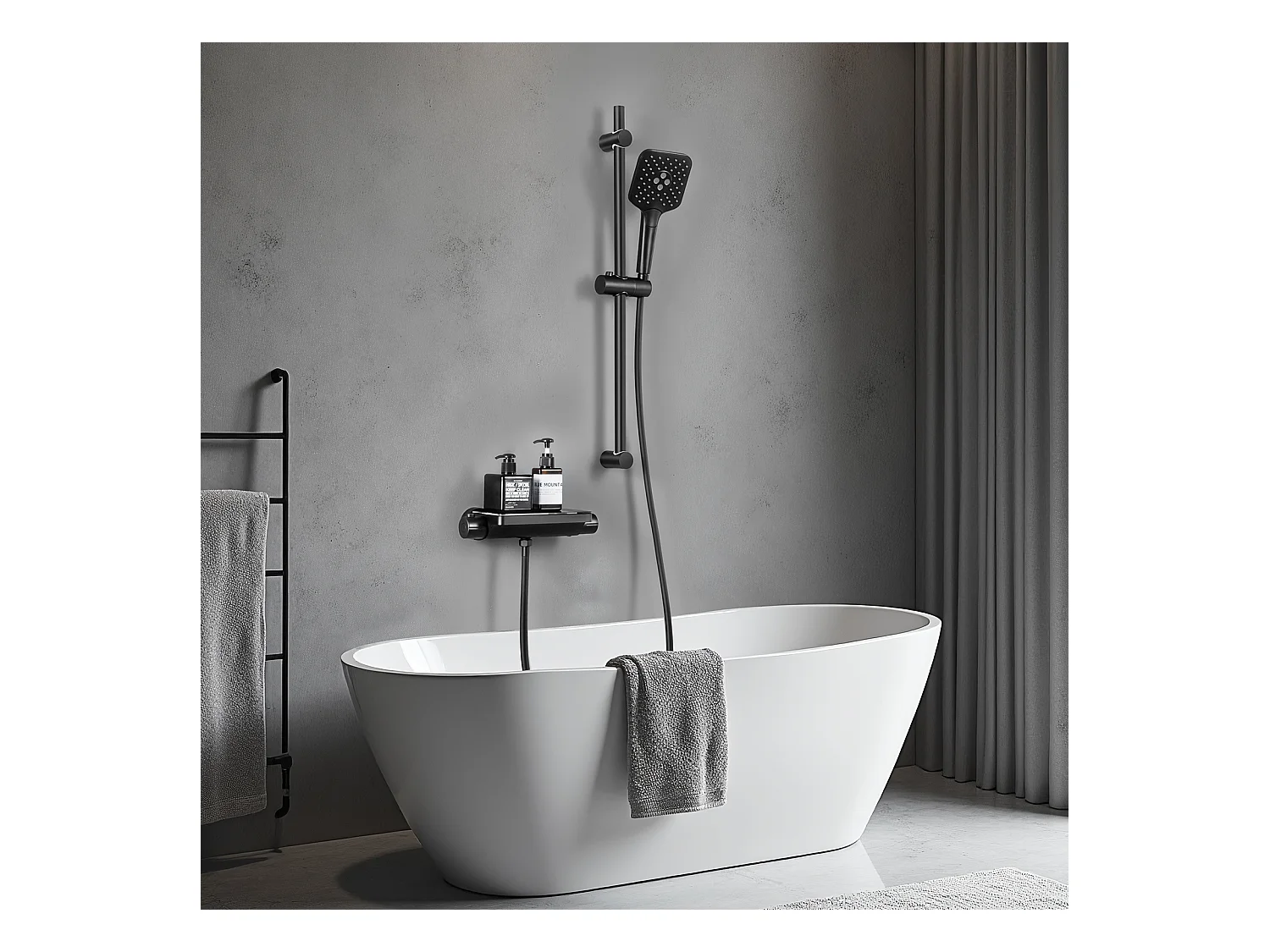 Ensemble de Douche avec Etagère et Douchette à Main 3 Fonctions, Noir Colonne de Douche Thermostatique avec 38°C Mitigeur