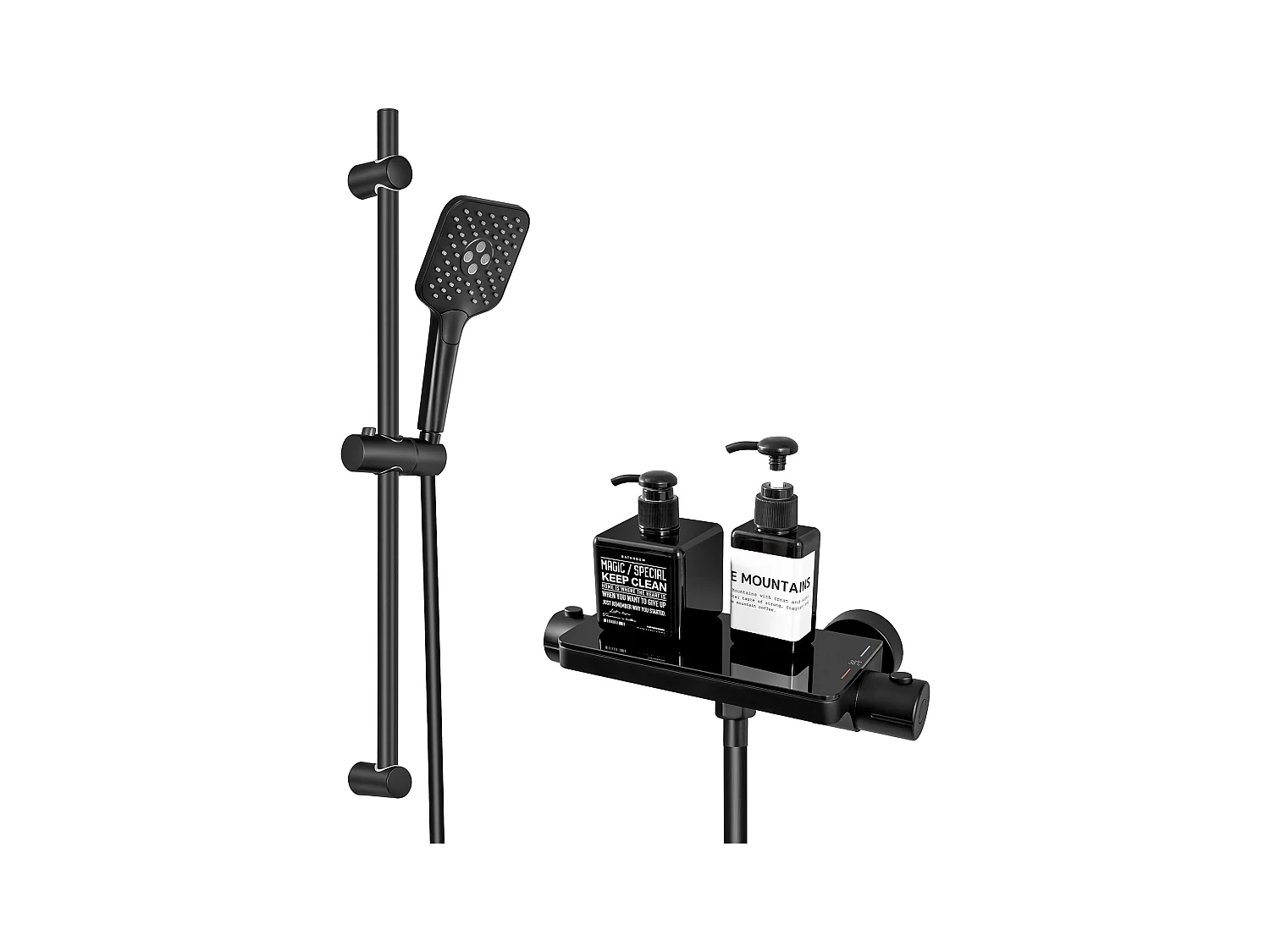 Ensemble de Douche avec Etagère et Douchette à Main 3 Fonctions, Noir Colonne de Douche Thermostatique avec 38°C Mitigeur