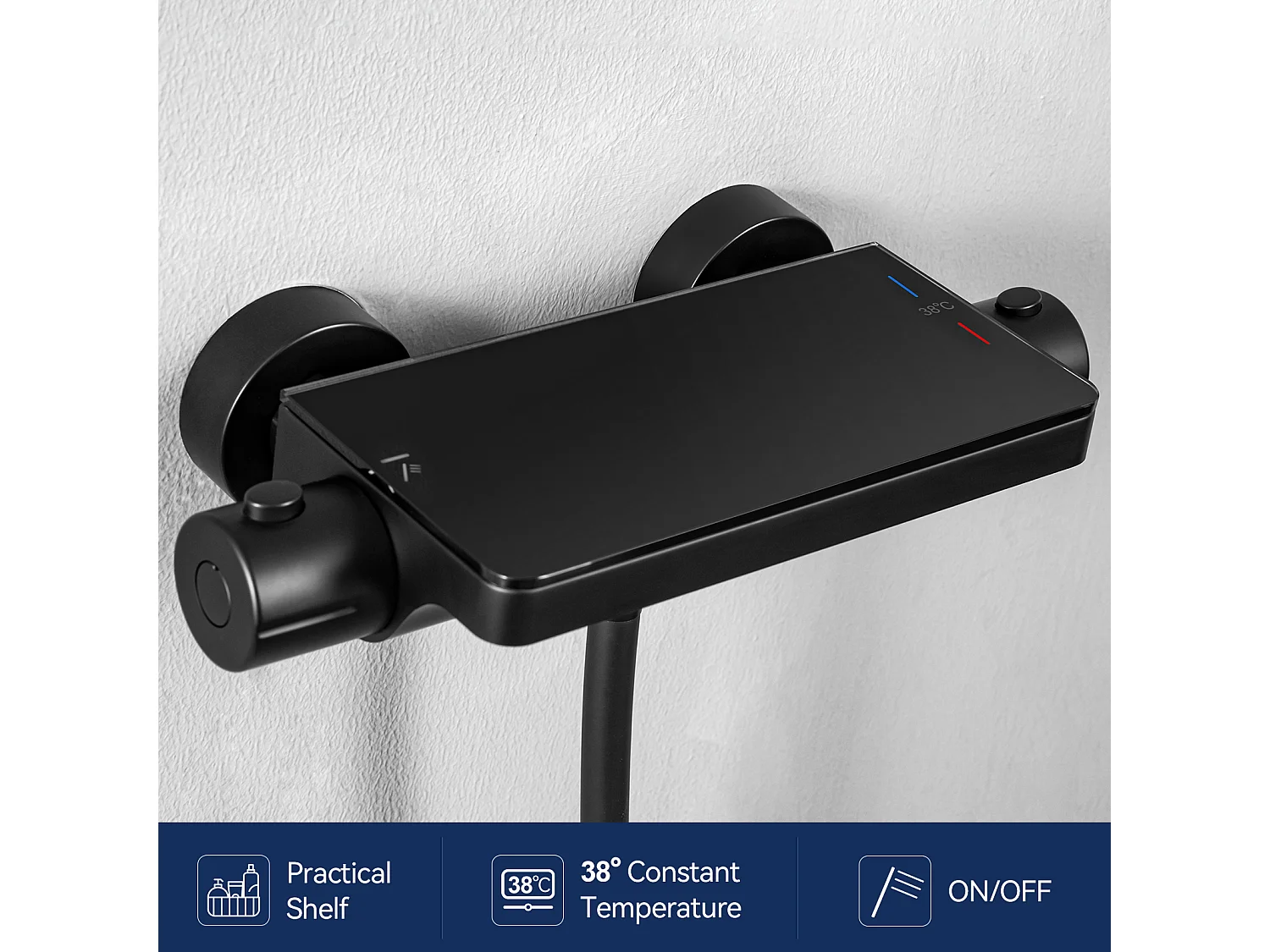 Doucheset met planchet en handdouche met 3 functies, zwarte thermostatische douchezuil met mengkraan van 38°C