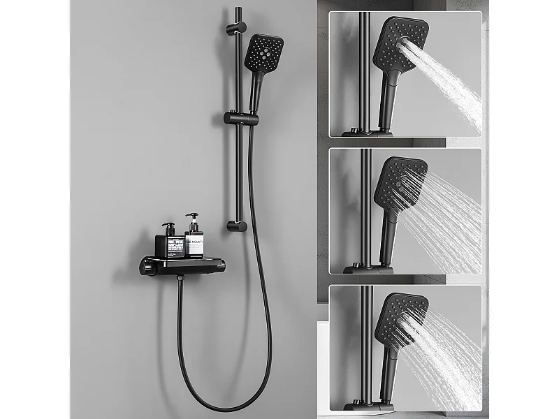 Ensemble de Douche avec Etagère et Douchette à Main 3 Fonctions, Noir Colonne de Douche Thermostatique avec 38°C Mitigeur