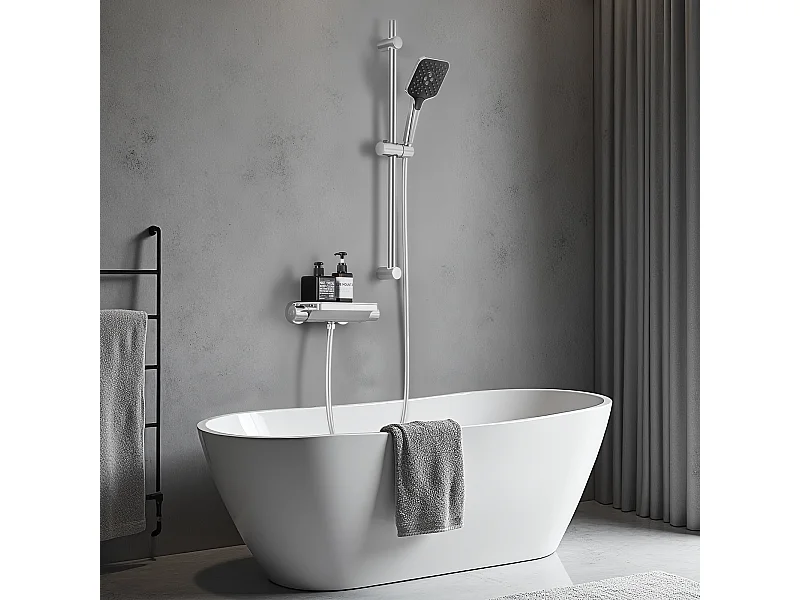 Columna de ducha termostática de 38 °C con mesa de almacenamiento de vidrio templado, juego de grifería termostática de pared, cromado