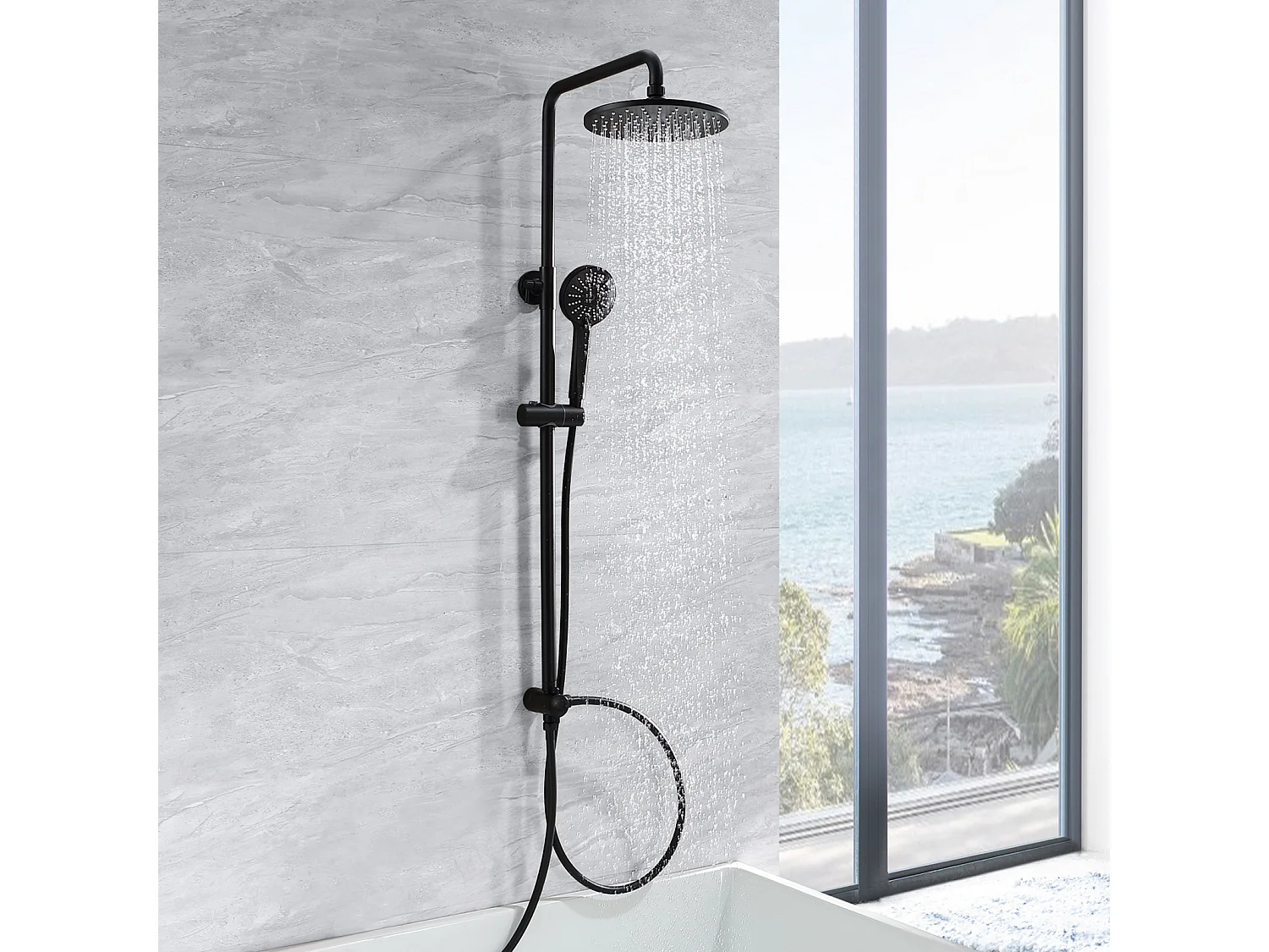 Cecipa max Sistema de ducha Columna de ducha en cascada negra con ducha de mano de 3 funciones Juego de ducha de acero inoxidable Ducha de lluvia, modelo UE