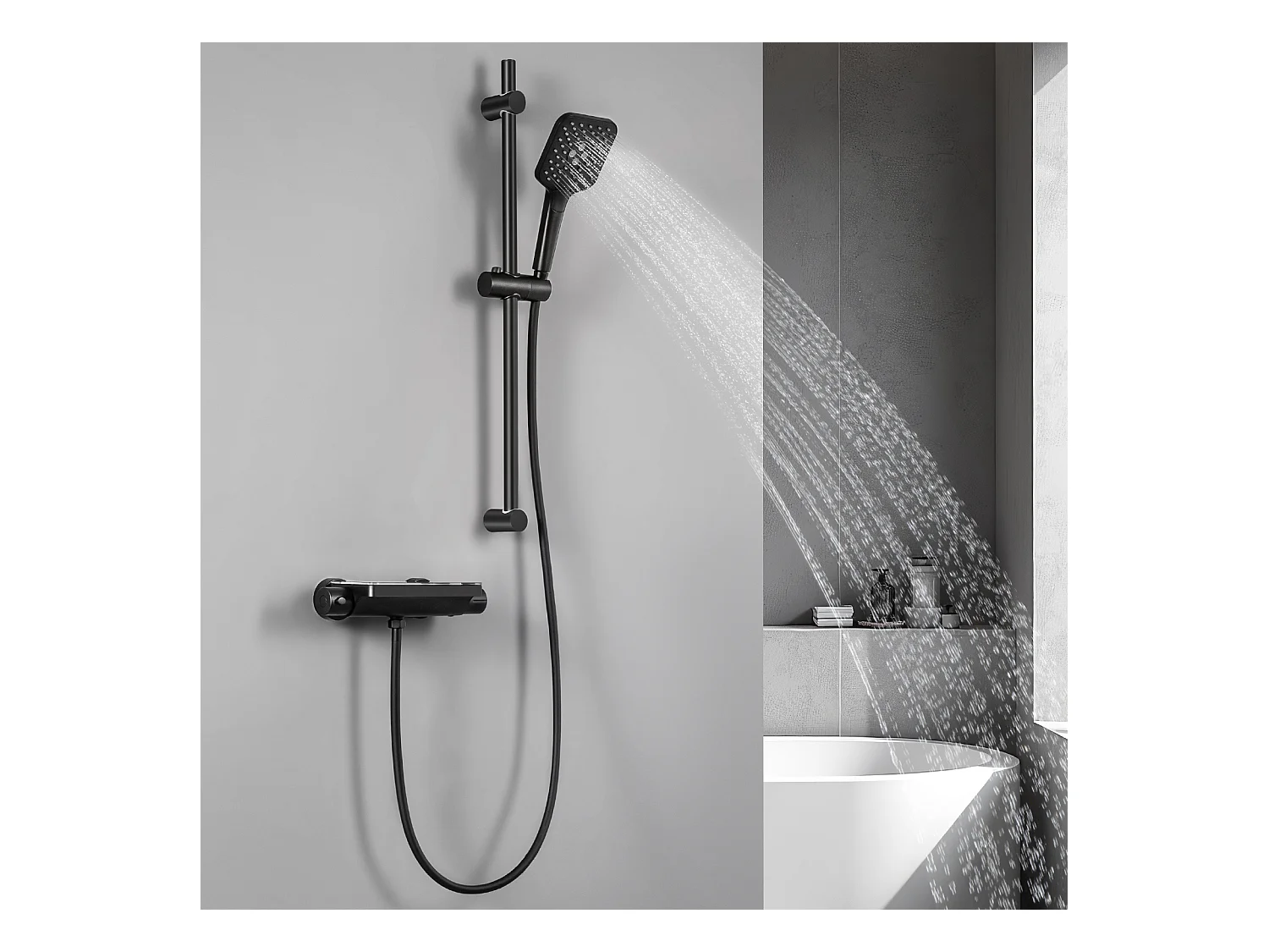 Colonne de Douche Thermostatique 38°C Avec Table de Rangement en Verre Trempé, Ensemble de Robinetterie Thermostatique Murale, Noir