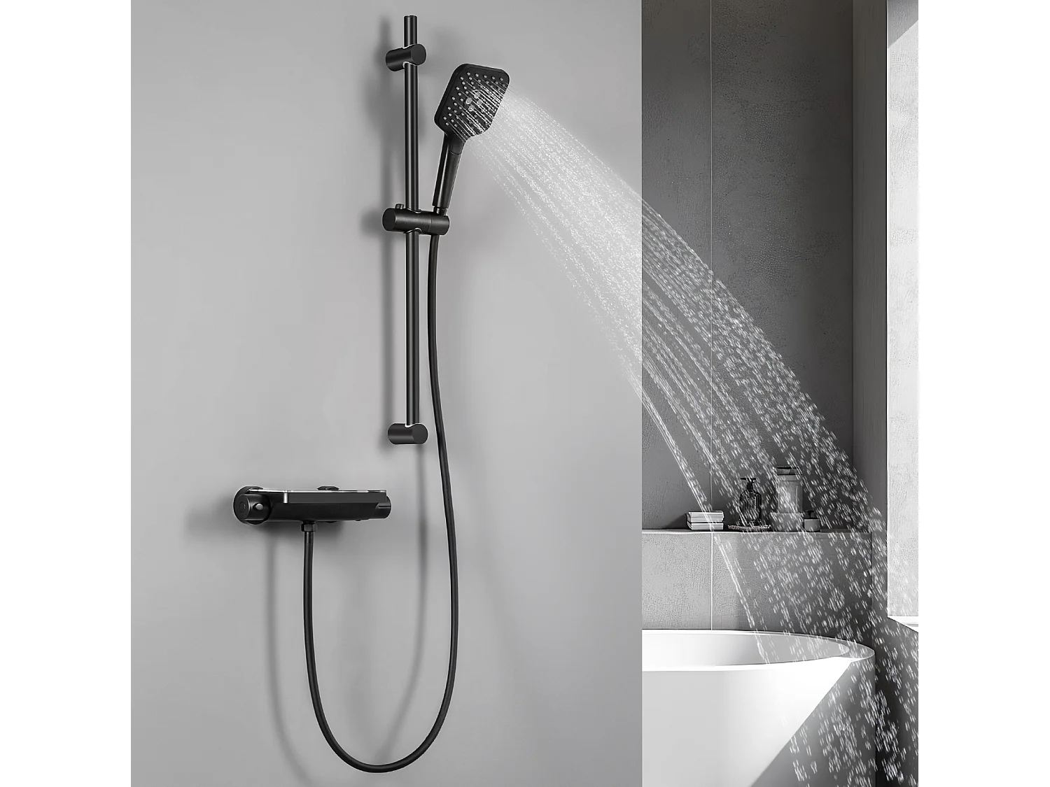 Colonne de Douche Thermostatique 38°C Avec Table de Rangement en Verre Trempé, Ensemble de Robinetterie Thermostatique Murale, Noir