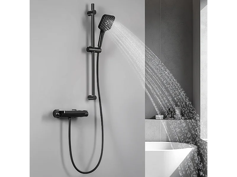 Colonne de Douche Thermostatique 38°C Avec Table de Rangement en Verre Trempé, Ensemble de Robinetterie Thermostatique Murale, Noir