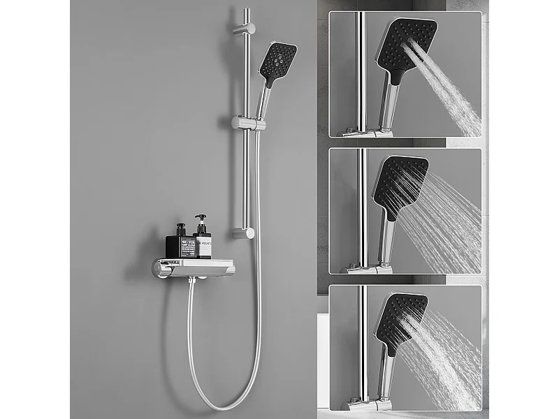 Lonheo max Duschsäule 38°C Thermostat Chrom + Ablagen aus gehärtetem Glas + Handbrause 3 Düsenarten
