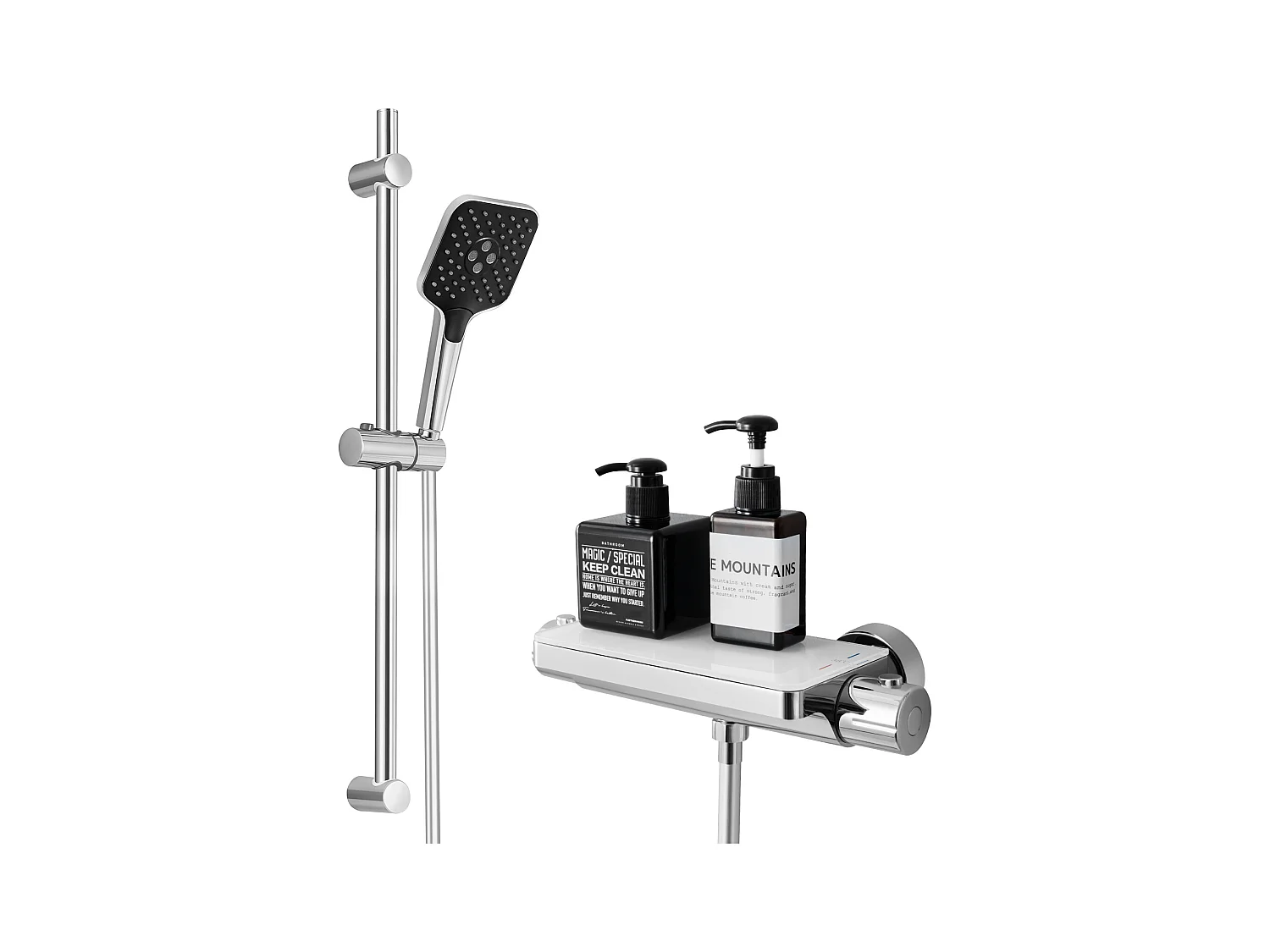 Ensemble de Douche avec Etagère et Douchette à Main 3 Fonctions, Chromé Colonne de Douche Thermostatique avec 38°C Mitigeur