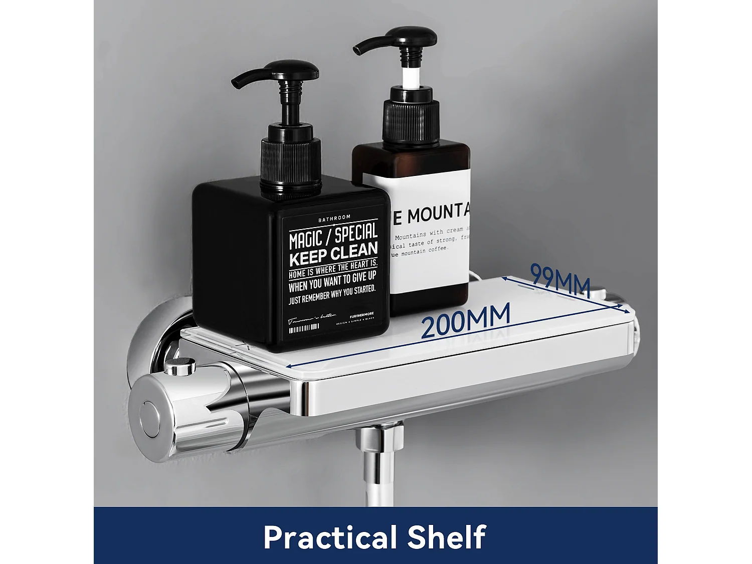 Duschset mit Ablage und 3-Funktions-Handbrause, verchromte Thermostat-Duschsäule mit 38 °C-Mischbatterie