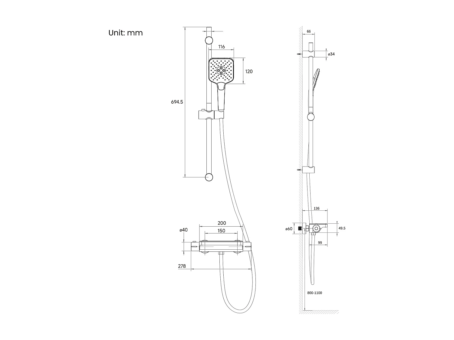 Duschset mit Ablage und 3-Funktions-Handbrause, verchromte Thermostat-Duschsäule mit 38 °C-Mischbatterie