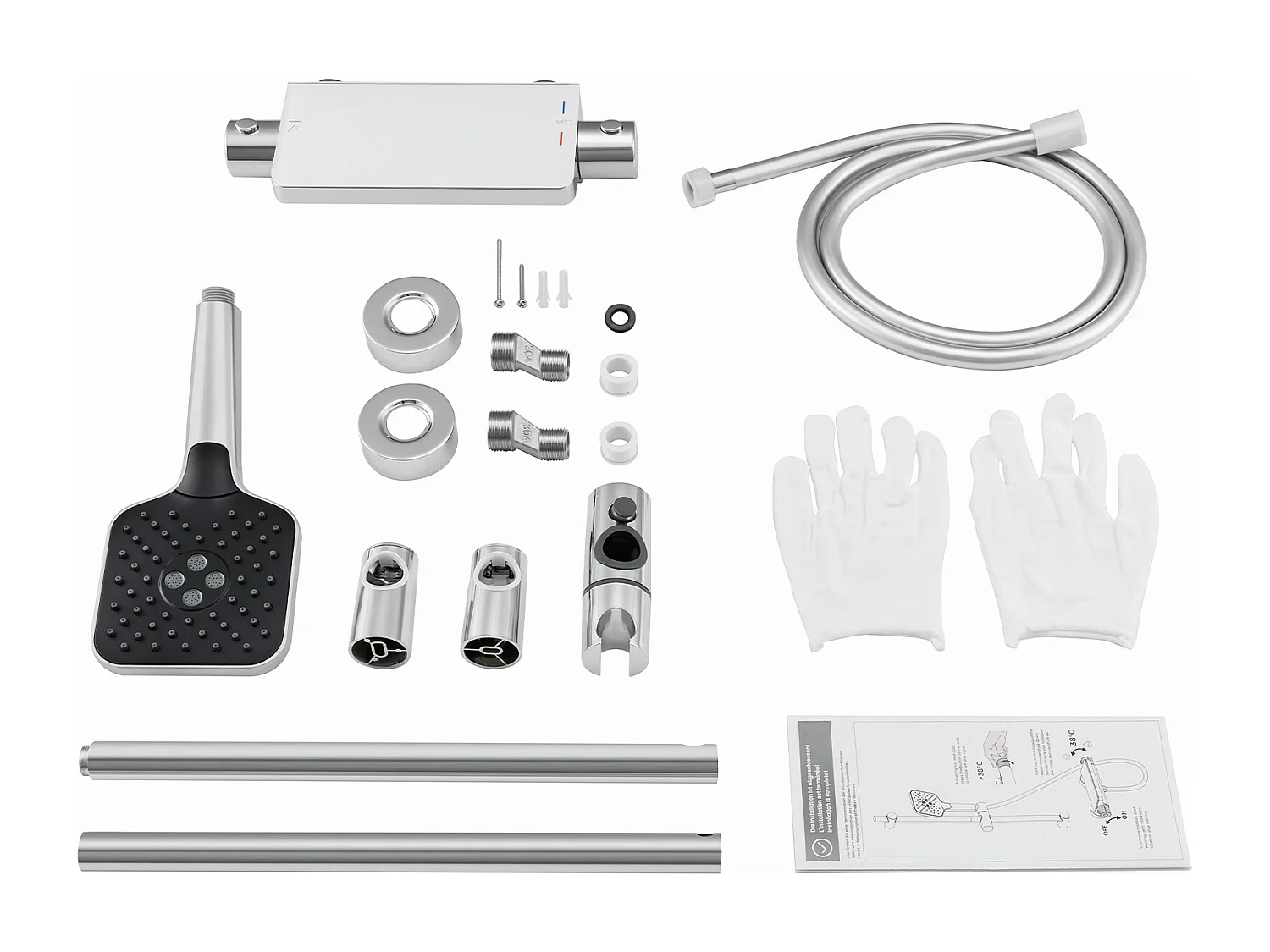 Duschset mit Ablage und 3-Funktions-Handbrause, verchromte Thermostat-Duschsäule mit 38 °C-Mischbatterie