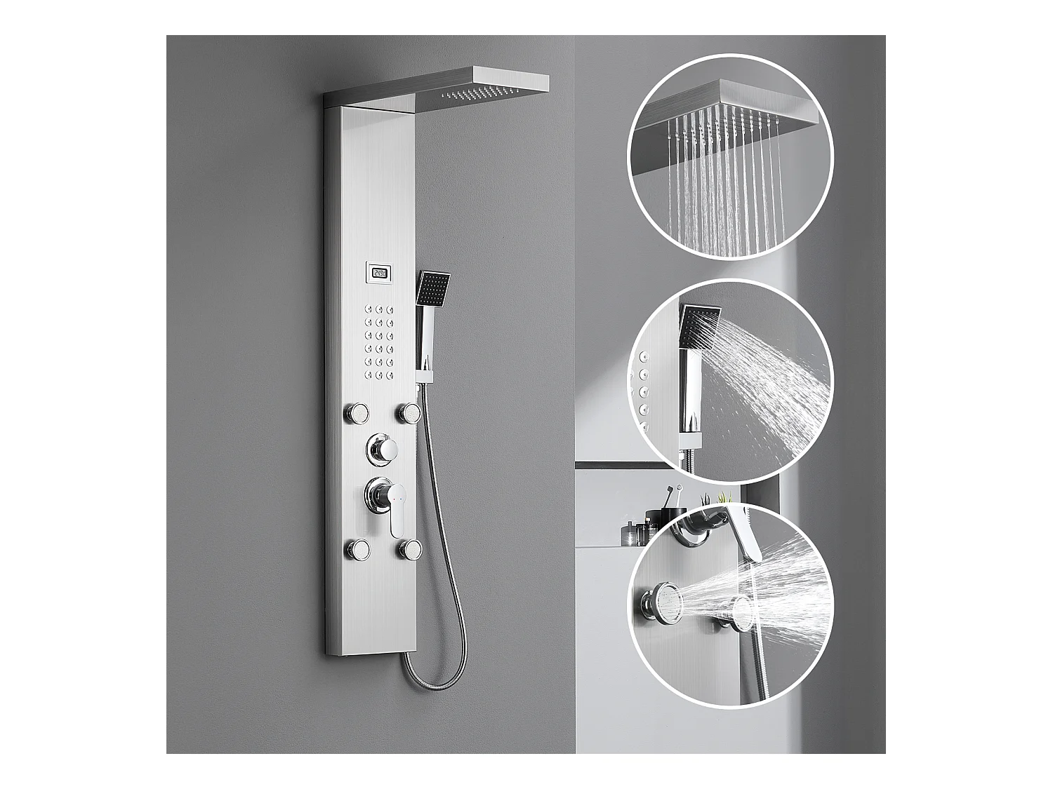 AURALUM MAX Colonne de Douche Hydromassante avec LCD Écran Affichage Temprérature Panneau de Douche Multifonction en Acier Inox avec 4 Jets de Massage