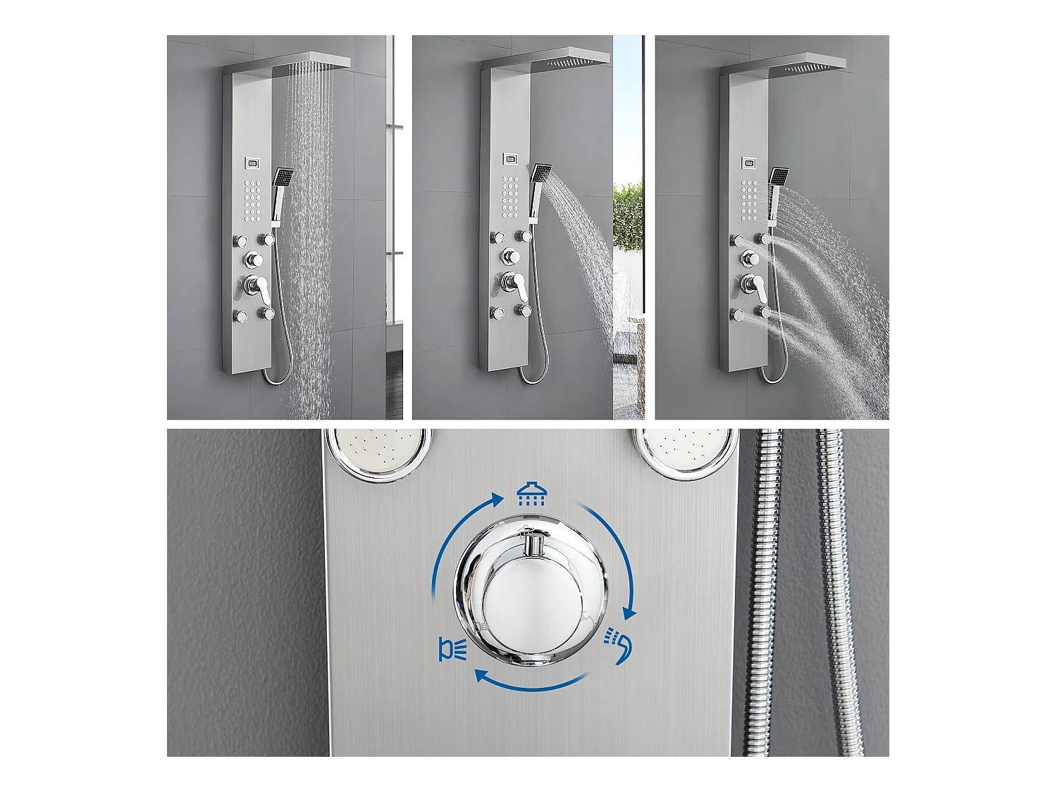 AURALUM MAX Colonne de Douche Hydromassante avec LCD Écran Affichage Temprérature Panneau de Douche Multifonction en Acier Inox avec 4 Jets de Massage