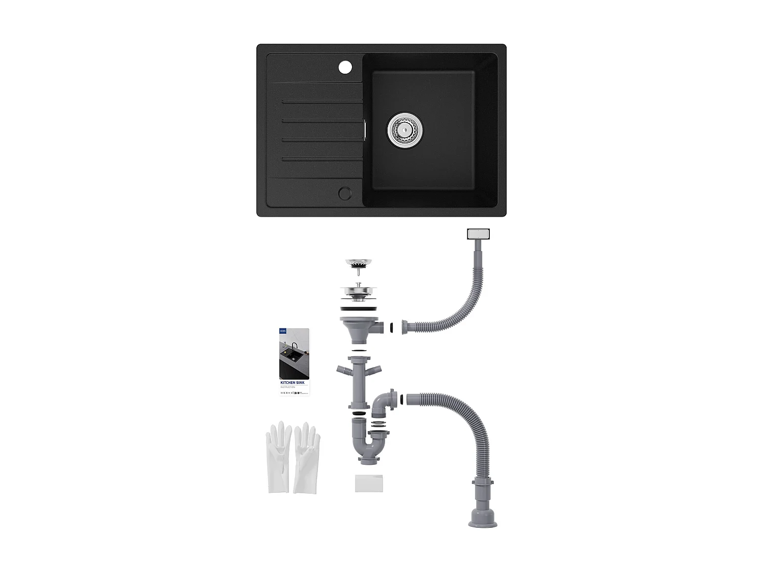 Cecipa MAX Evier à Encastrer 1 Bac avec Egouttoir, Quartz et Résine, Noir 65x45cm Evier 1 Bac en Quartz Evier de Cuisine en Granit