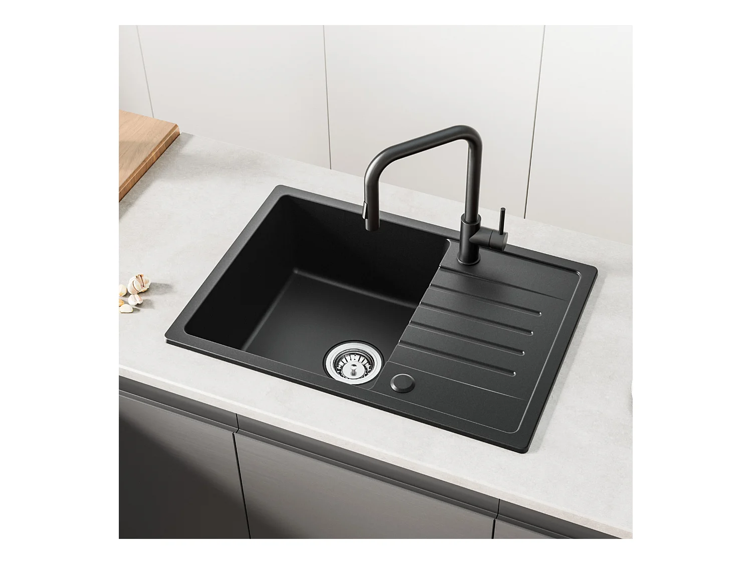 Cecipa MAX Evier à Encastrer 1 Bac avec Egouttoir, Quartz et Résine, Noir 65x45cm Evier 1 Bac en Quartz Evier de Cuisine en Granit