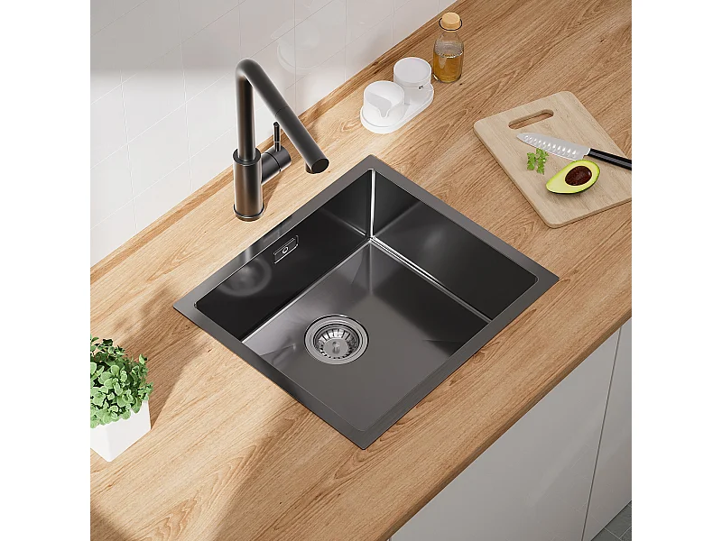 CECIPA MAX Évier de Cuisine 1 Bac Évier de Cuisine En Acier Inoxydable, Évier Encastré, 50*44CM, Noir Anthracite