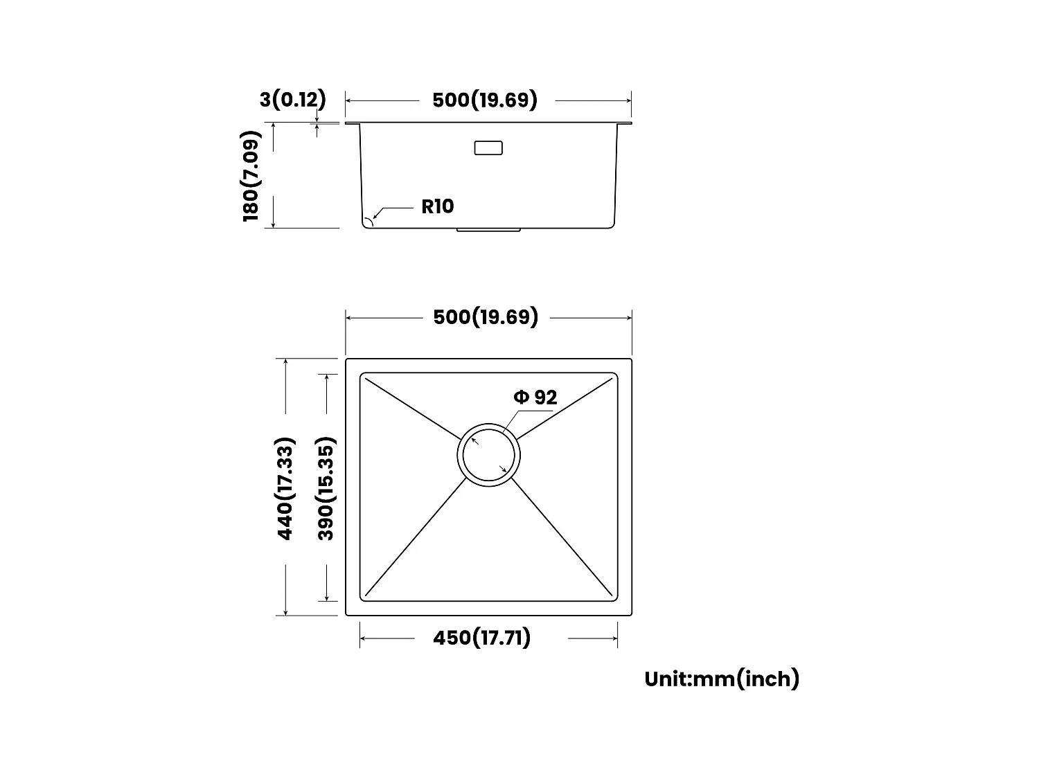 CECIPA MAX Fregadero de cocina Fregadero de cocina de acero inoxidable de 1 seno, Fregadero bajo encimera, 50*44 cm, Negro antracita