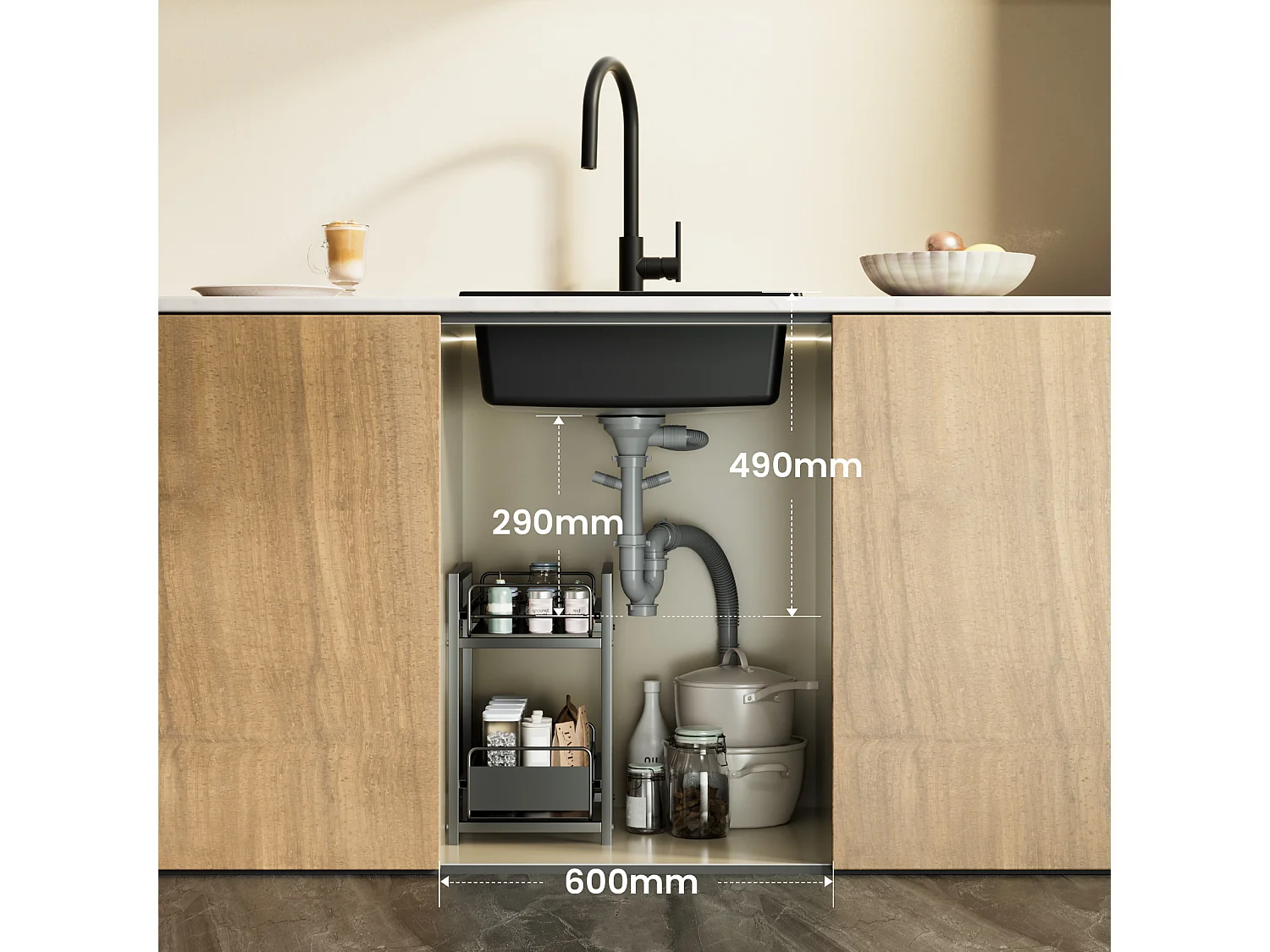 CECIPA MAX Evier 1 Bac en Quartz et Résine, Evier de Cuisine en Granit Noir Gris, Evier Quartz 3 Options de Montage, 55*44*20cm