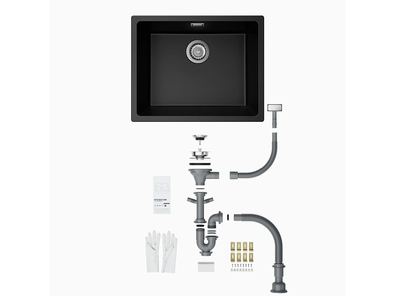 CECIPA MAX Evier 1 Bac en Quartz et Résine, Evier de Cuisine en Granit Noir Gris, Evier Quartz 3 Options de Montage, 55*44*20cm