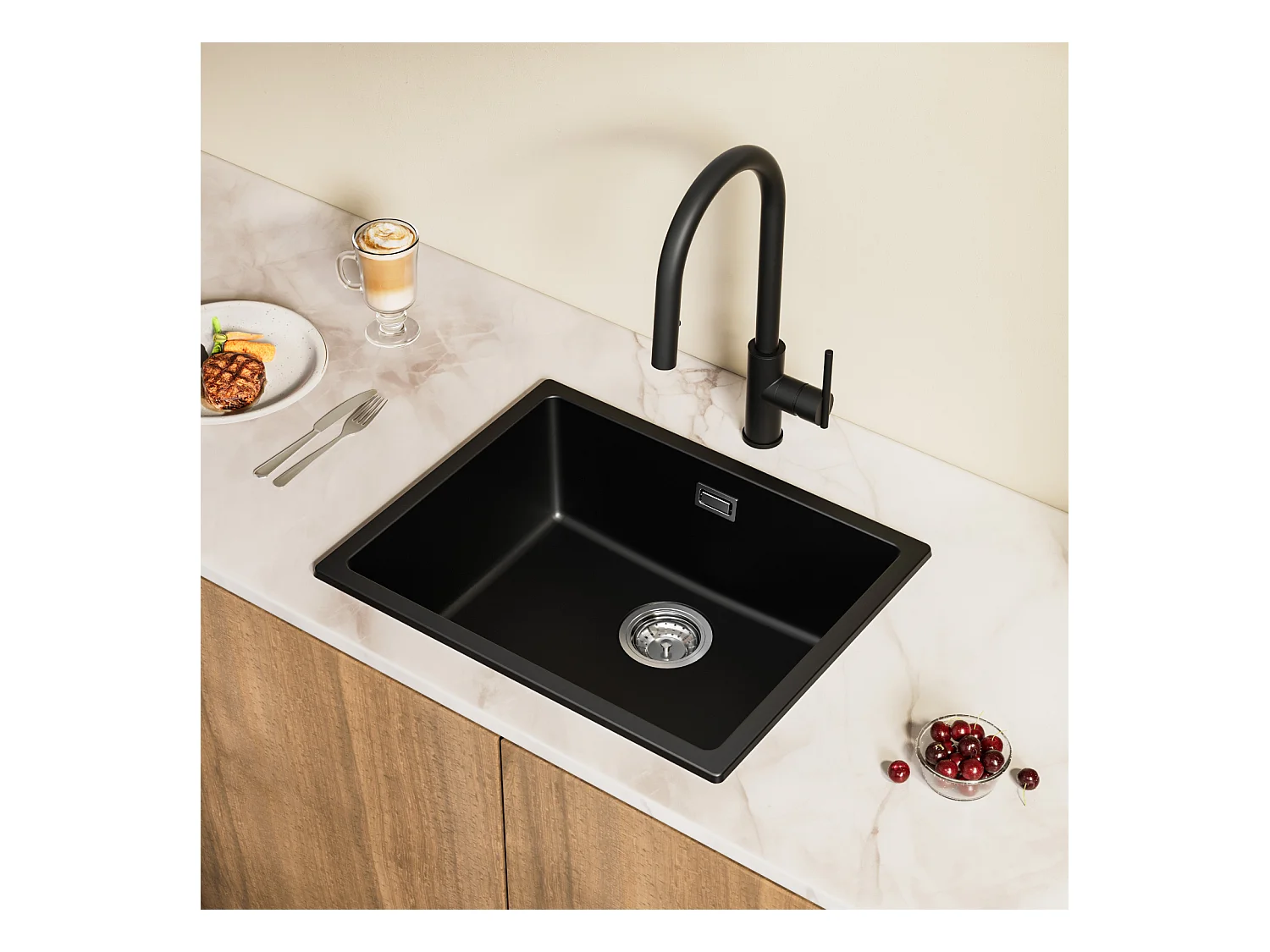 CECIPA MAX Evier 1 Bac en Quartz et Résine, Evier de Cuisine en Granit Noir Gris, Evier Quartz 3 Options de Montage, 55*44*20cm