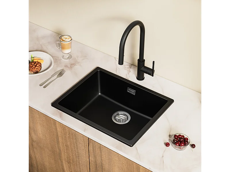 CECIPA MAX Evier 1 Bac en Quartz et Résine, Evier de Cuisine en Granit Noir Gris, Evier Quartz 3 Options de Montage, 55*44*20cm