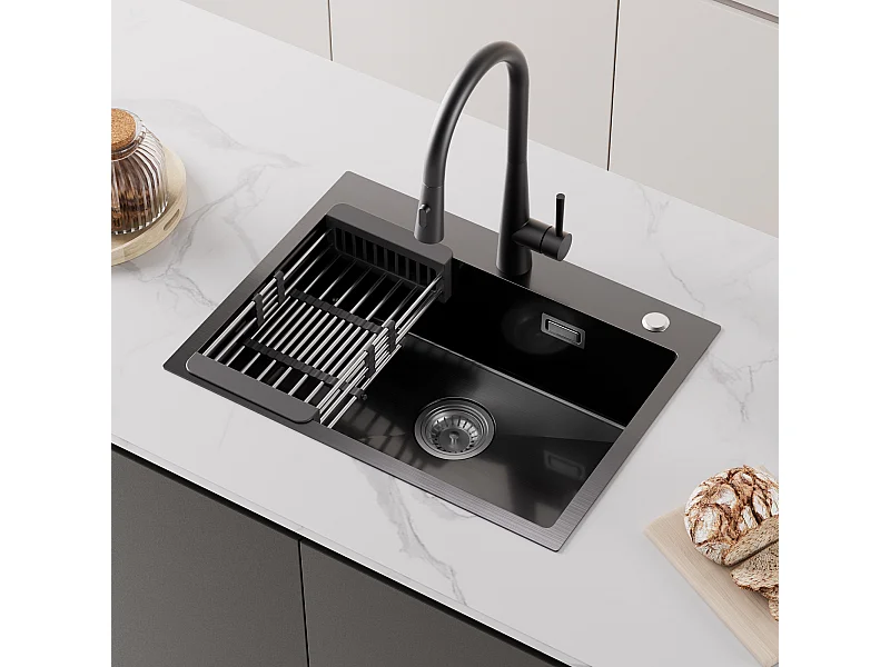 Cecipa MAX Évier Cuisine 1 Bac 60×45×18CM Évier Cuisine Acier Inoxydable 201 Noir avec Panier de Drainage