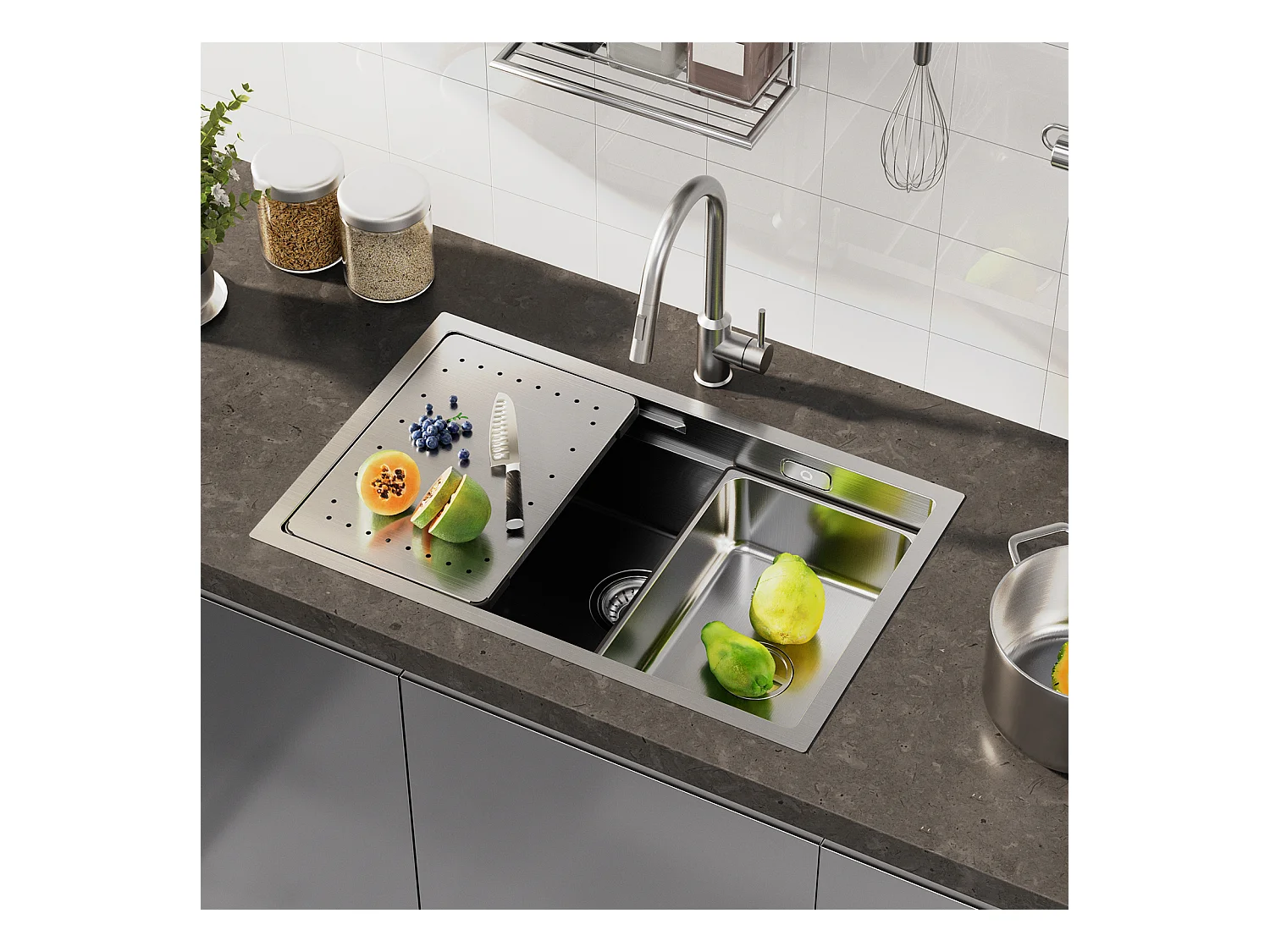 Cecipa MAX Évier Cuisine 1 Bac 70×44×21CM Évier à Encastrer Inox Brossé avec Egouttoir et Vasque