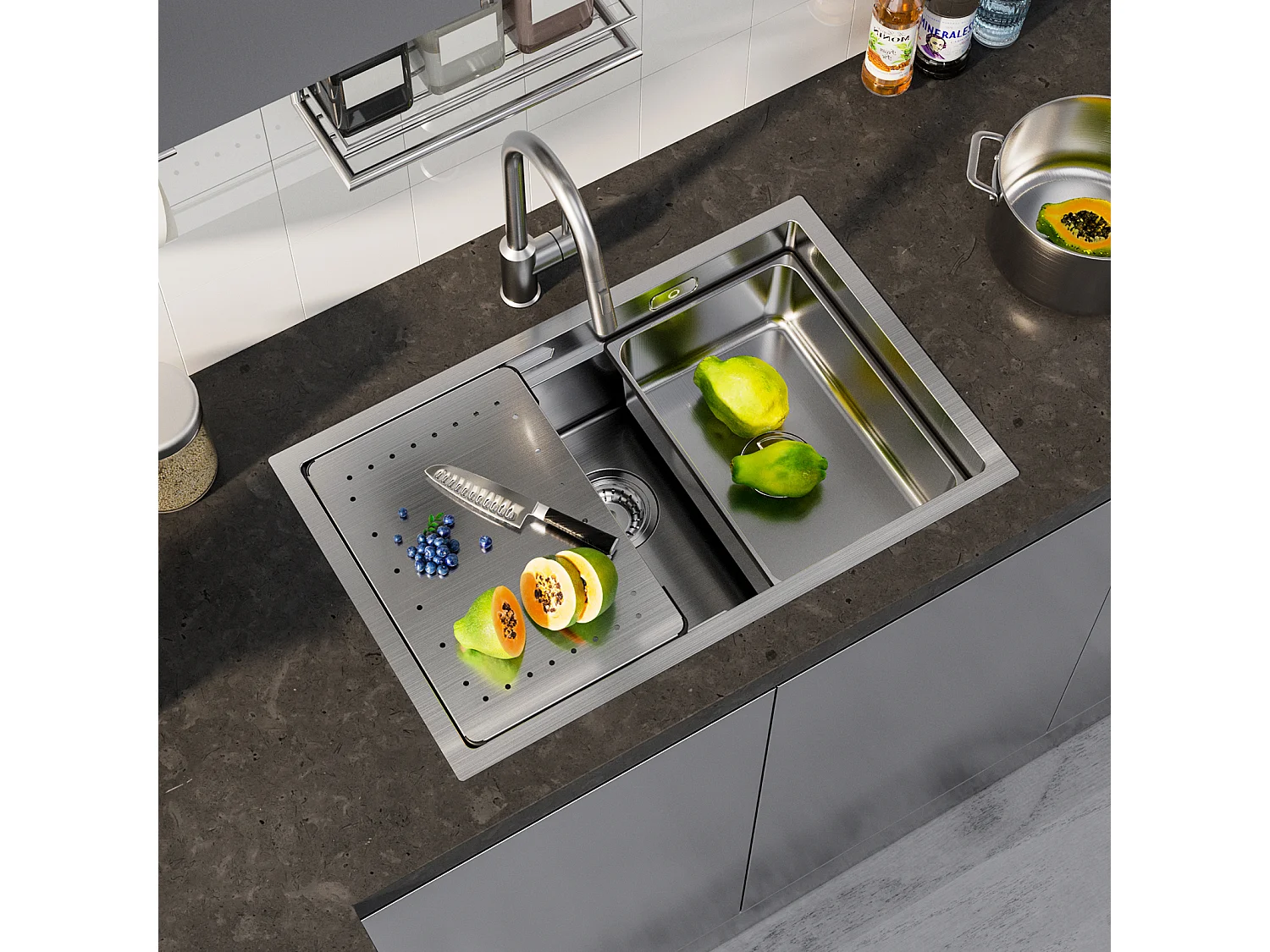 Cecipa MAX Évier Cuisine 1 Bac 70×44×21CM Évier à Encastrer Inox Brossé avec Egouttoir et Vasque