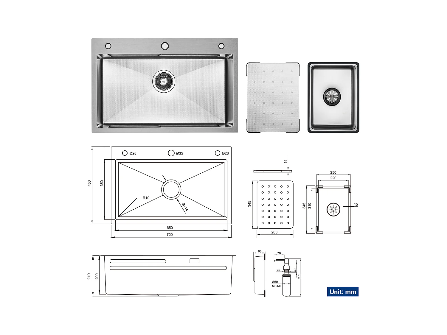 CECIPA MAX Einzelspüle 70×45×21,5 cm Edelstahl-Küchenspüle Silber mit Abtropffläche + Becken + gratis Seifenspender