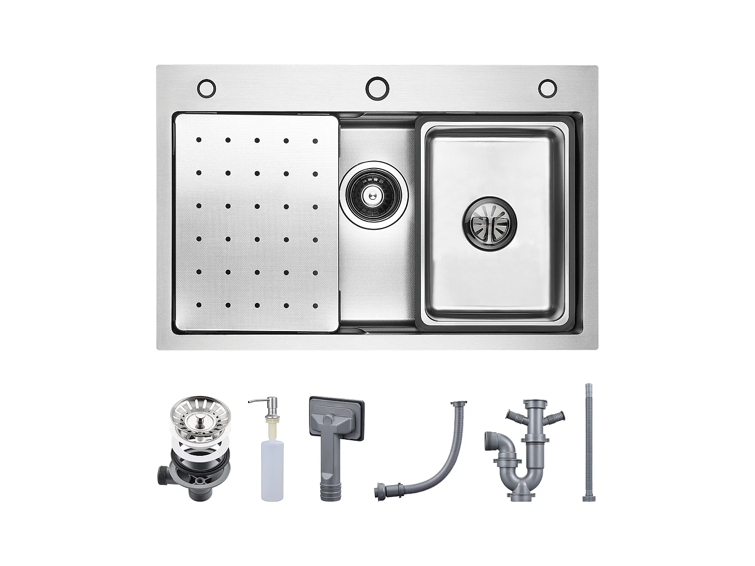 CECIPA Fregadero MAX 1 Lavabo 70×45×21,5CM Fregadero de Cocina de Acero Inoxidable Plateado con escurridor + Lavabo + Dispensador de jabón Gratis