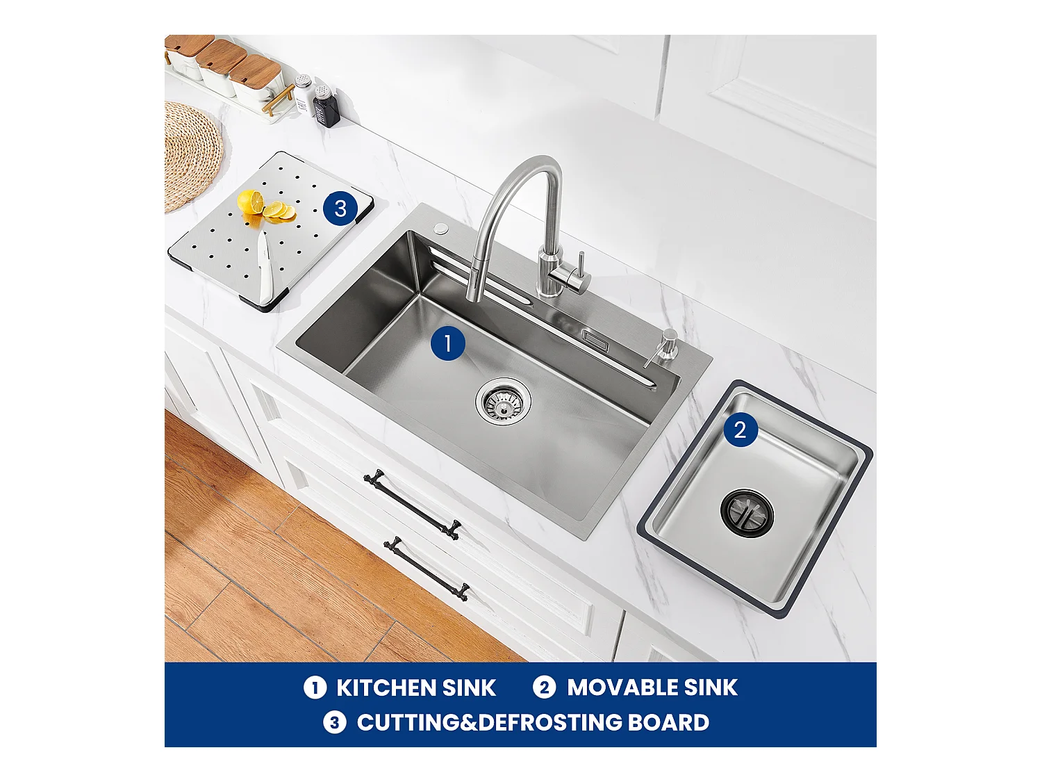 CECIPA Fregadero MAX 1 Lavabo 70×45×21,5CM Fregadero de Cocina de Acero Inoxidable Plateado con escurridor + Lavabo + Dispensador de jabón Gratis