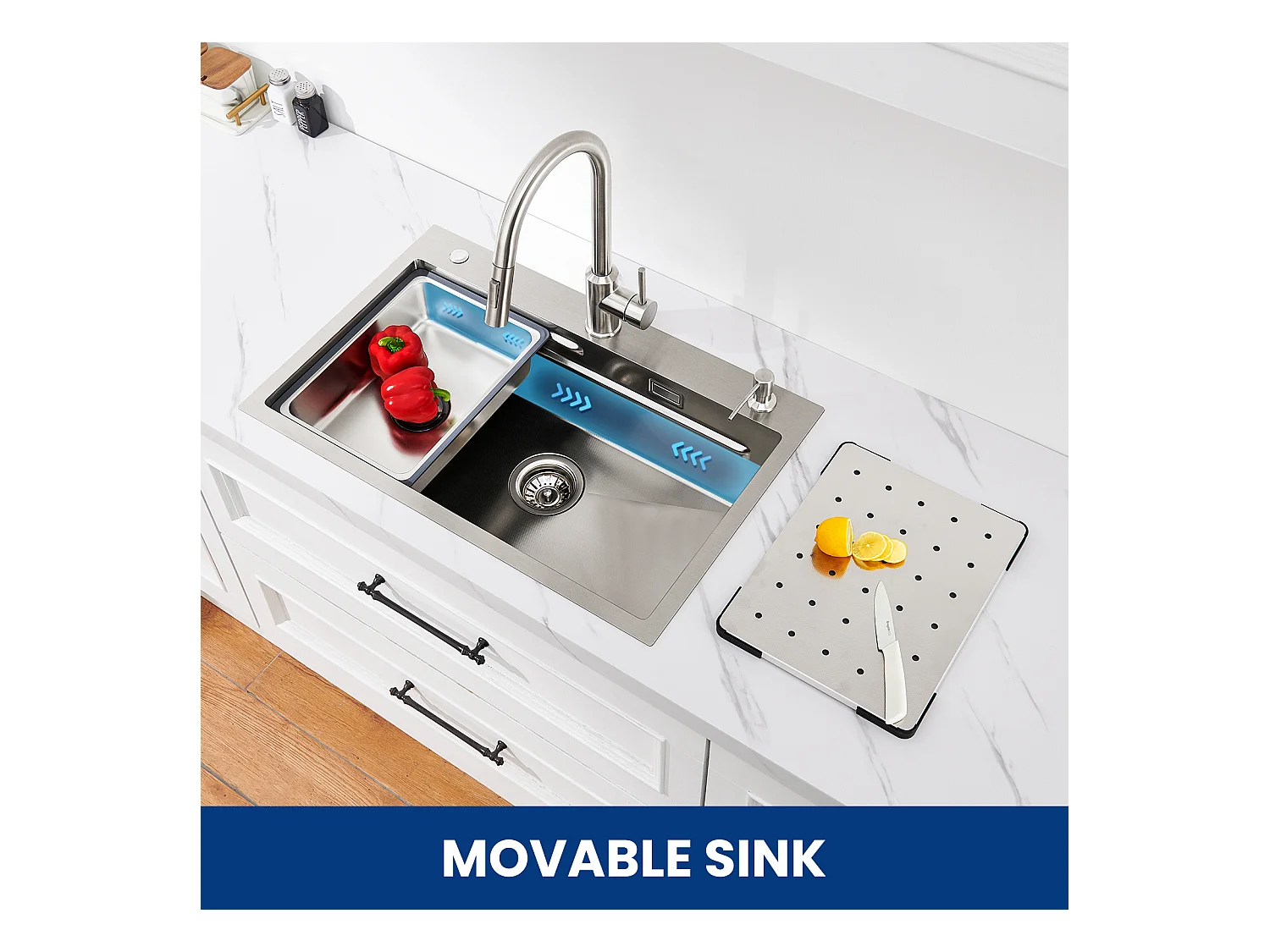 CECIPA Fregadero MAX 1 Lavabo 70×45×21,5CM Fregadero de Cocina de Acero Inoxidable Plateado con escurridor + Lavabo + Dispensador de jabón Gratis