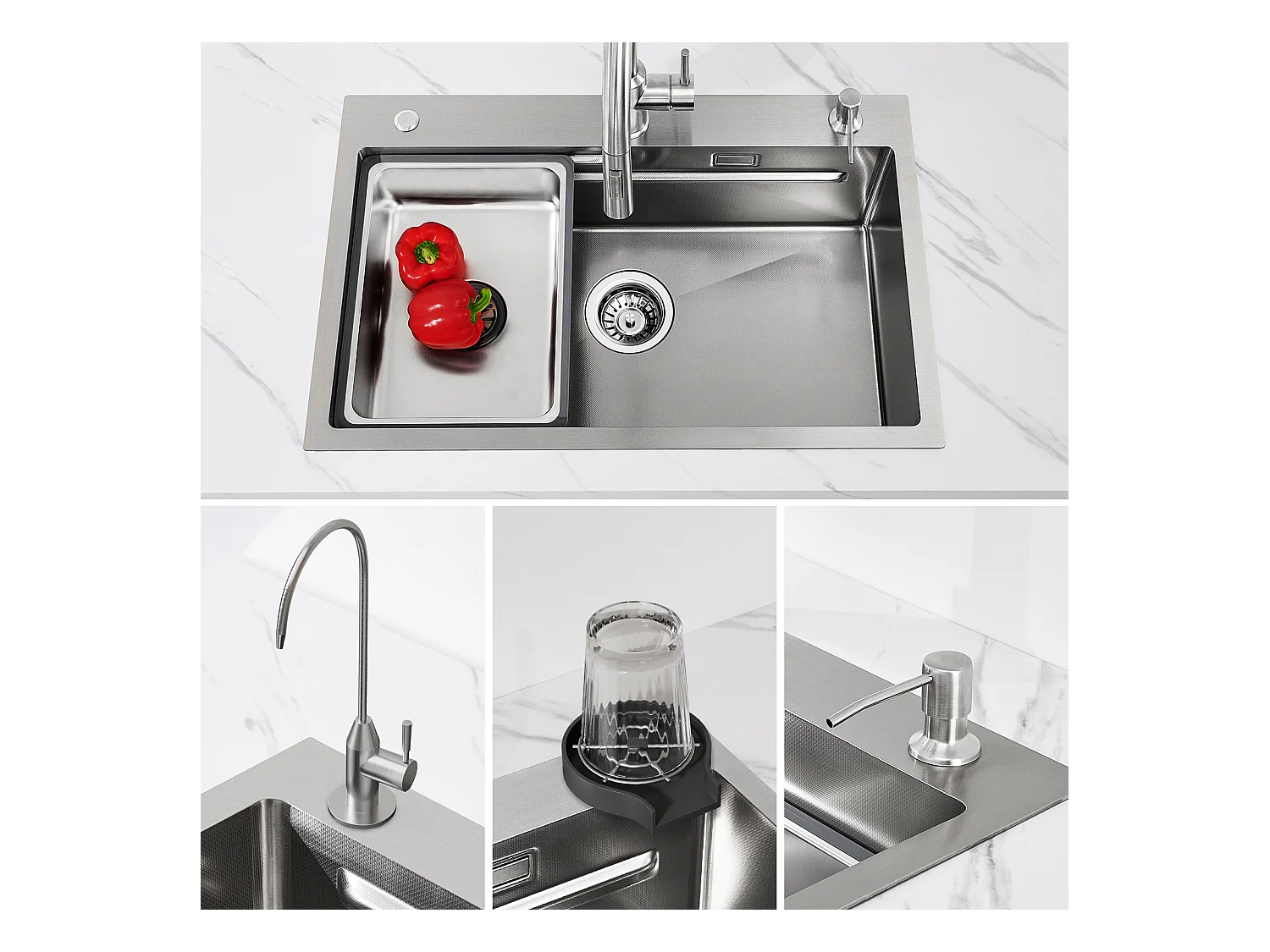 CECIPA Fregadero MAX 1 Lavabo 70×45×21,5CM Fregadero de Cocina de Acero Inoxidable Plateado con escurridor + Lavabo + Dispensador de jabón Gratis