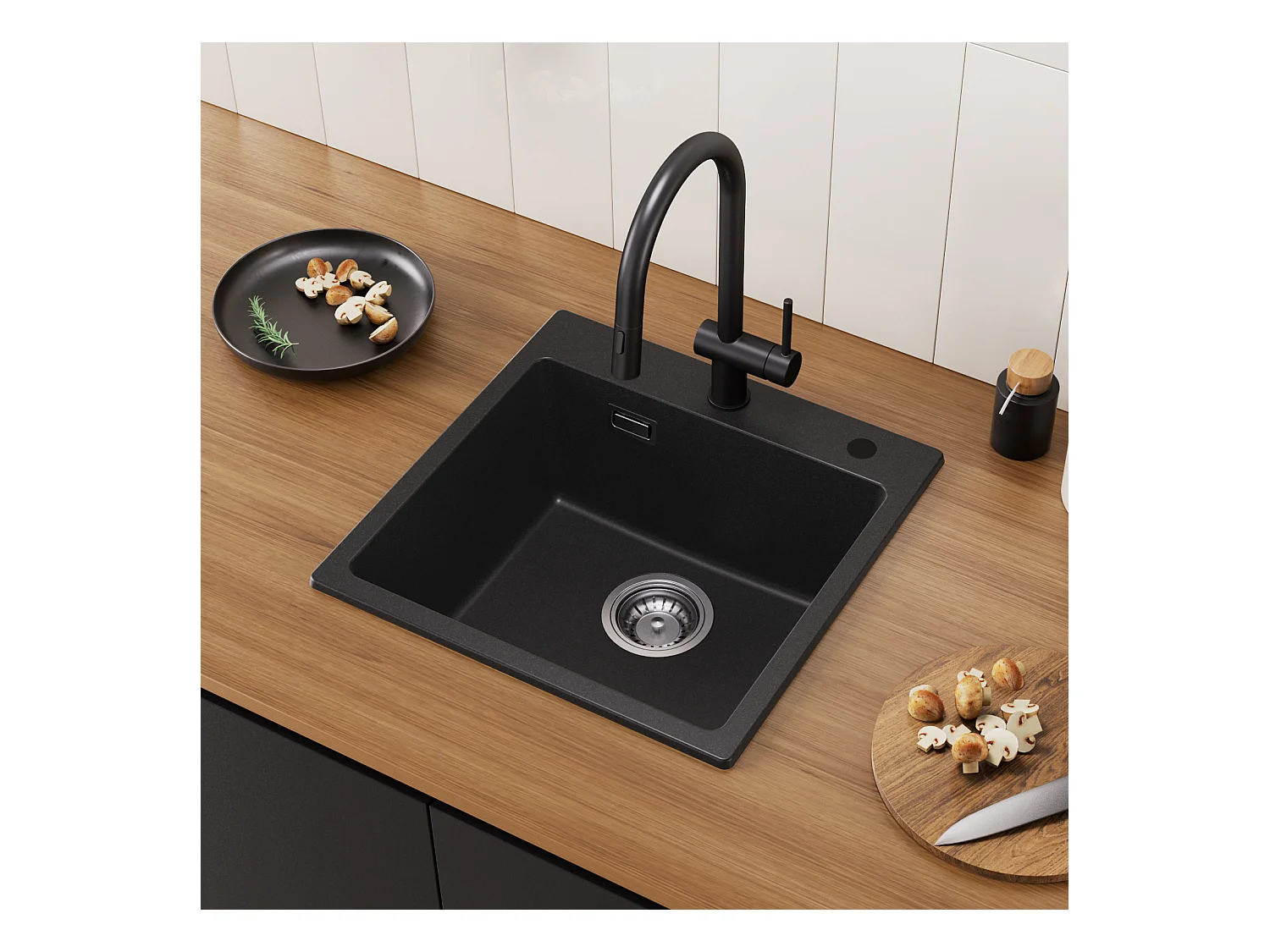 Cecipa MAX Evier 1 Bac en Quartz et Résine Noir Evier de Cuisine 45x45cm Evier à Encastrer 1 cuve