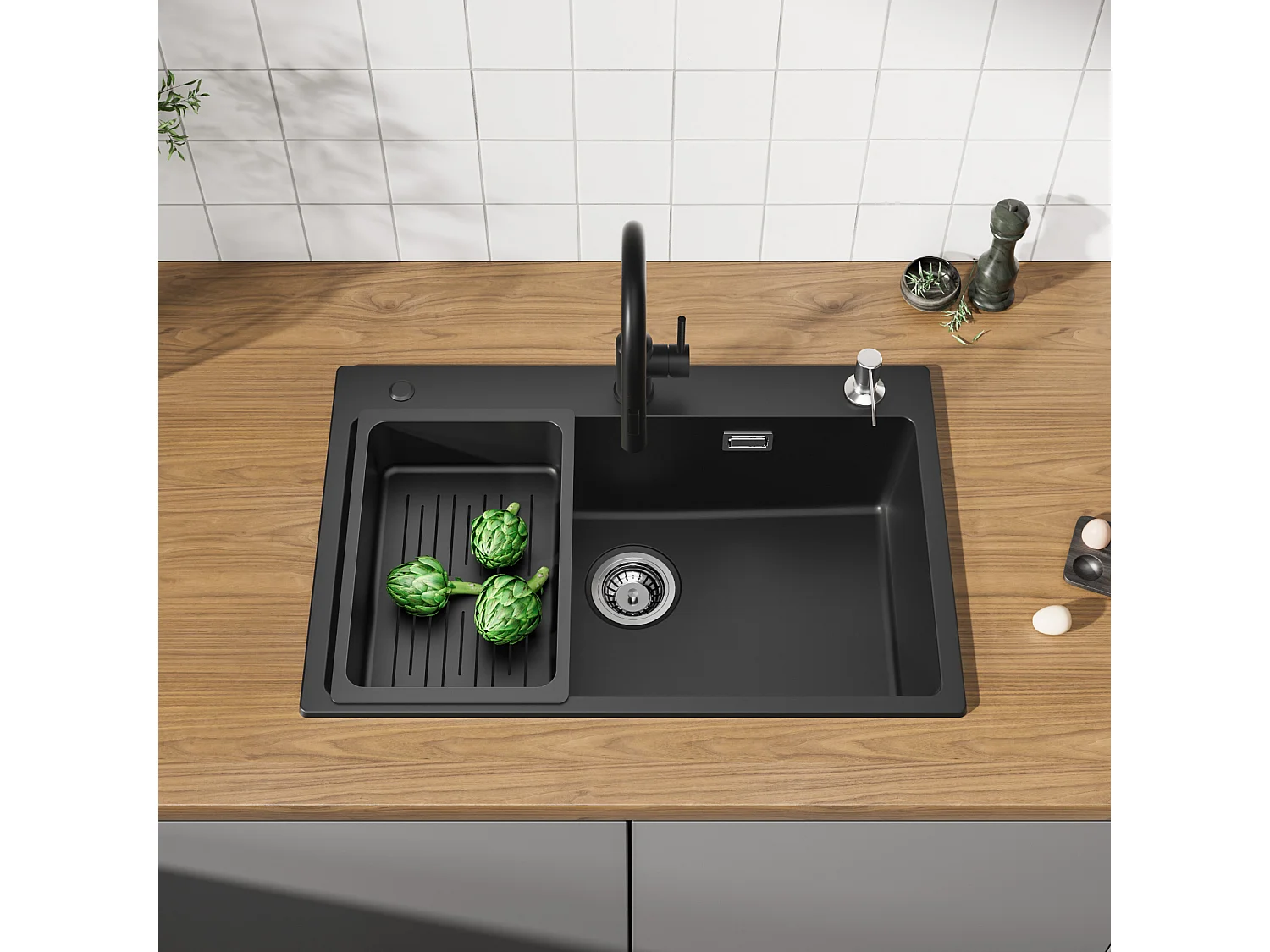 Cecipa MAX 1 wastafel 70x45 cm zwarte kwarts- en harsspoelbak met vrije afvoermand en zeepdispenser