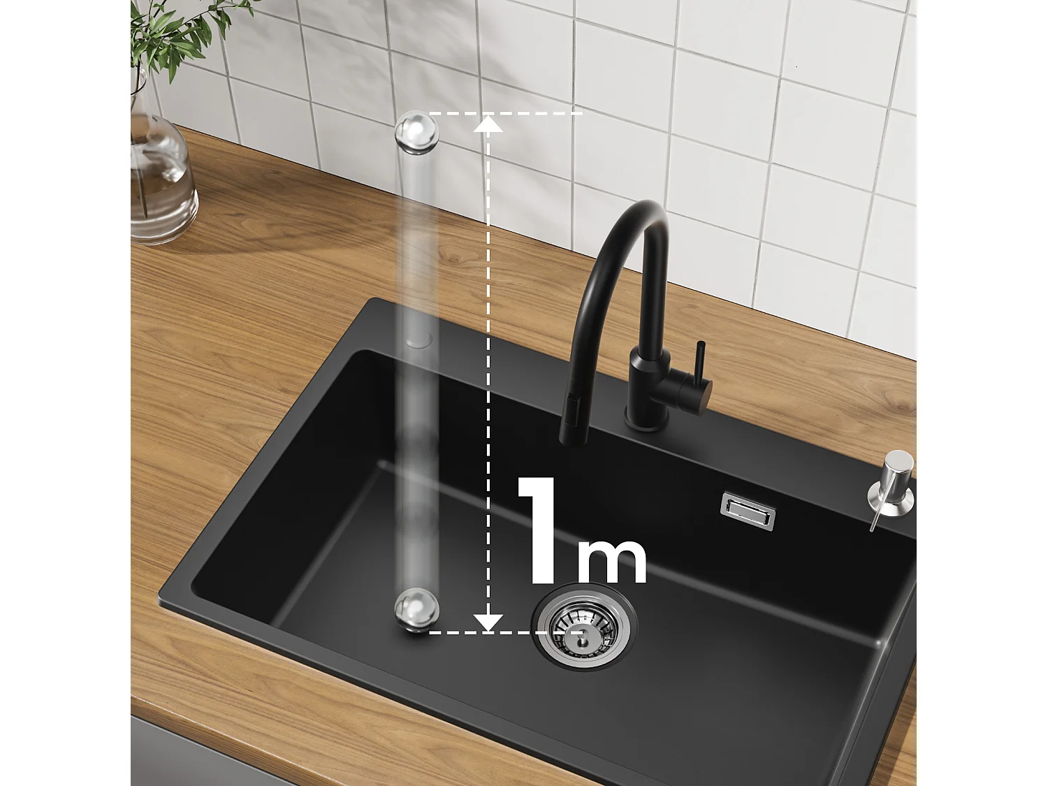 Cecipa MAX 1 wastafel 70x45 cm zwarte kwarts- en harsspoelbak met vrije afvoermand en zeepdispenser