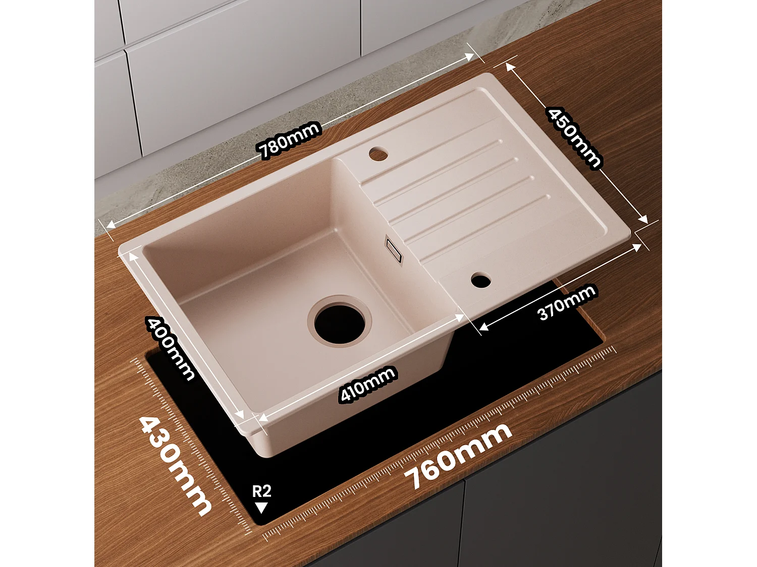 Cecipa MAX Lavello da Cucina con Gocciolatoio Lavello a 1 Vasca in Quarzo e Resina 78x45 cm Lavello da Cucina in Granito Color Avena