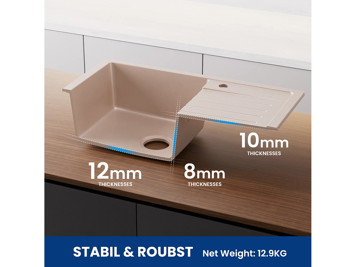 Cecipa MAX Lavello da Cucina con Gocciolatoio Lavello a 1 Vasca in Quarzo e Resina 78x45 cm Lavello da Cucina in Granito Color Avena