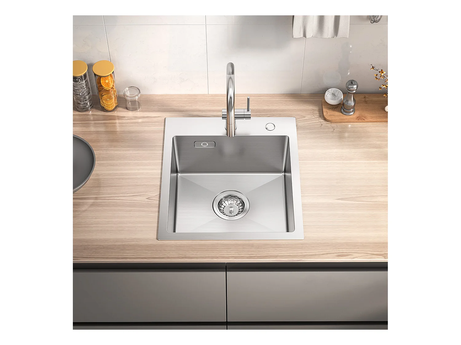 Cecipa MAX Évier Cuisine 1 Bac 40 × 45 cm Évier Inox 304 Montage à Encastrer ou à Fleur de Plan Au Moins 40 cm du Bas de l'Armoire