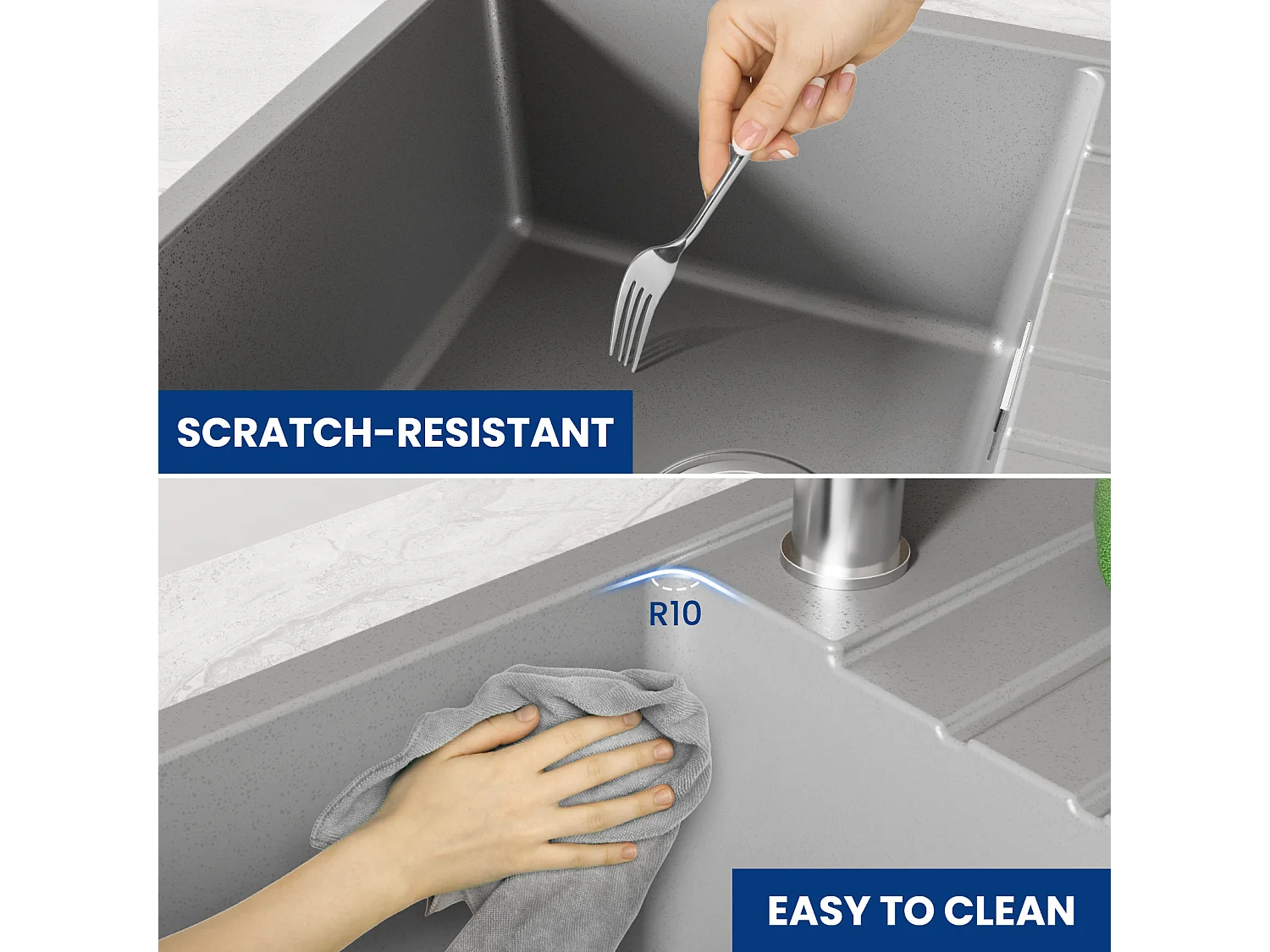 Cecipa Fregadero encastrable MAX 1 seno con escurridor, cuarzo y resina, gris 65x45cm Fregadero de cuarzo de 1 seno Fregadero de cocina de granito