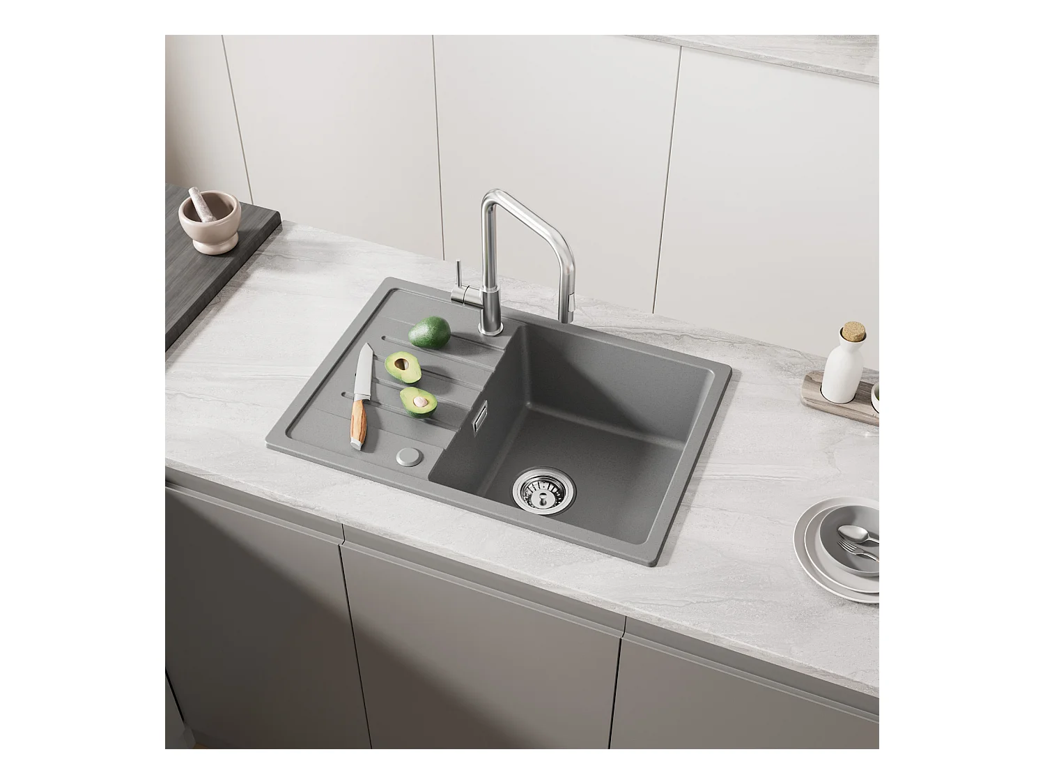 Cecipa MAX Evier à Encastrer 1 Bac avec Egouttoir, Quartz et Résine, Gris 65x45cm Evier 1 Bac en Quartz Evier de Cuisine en Granit