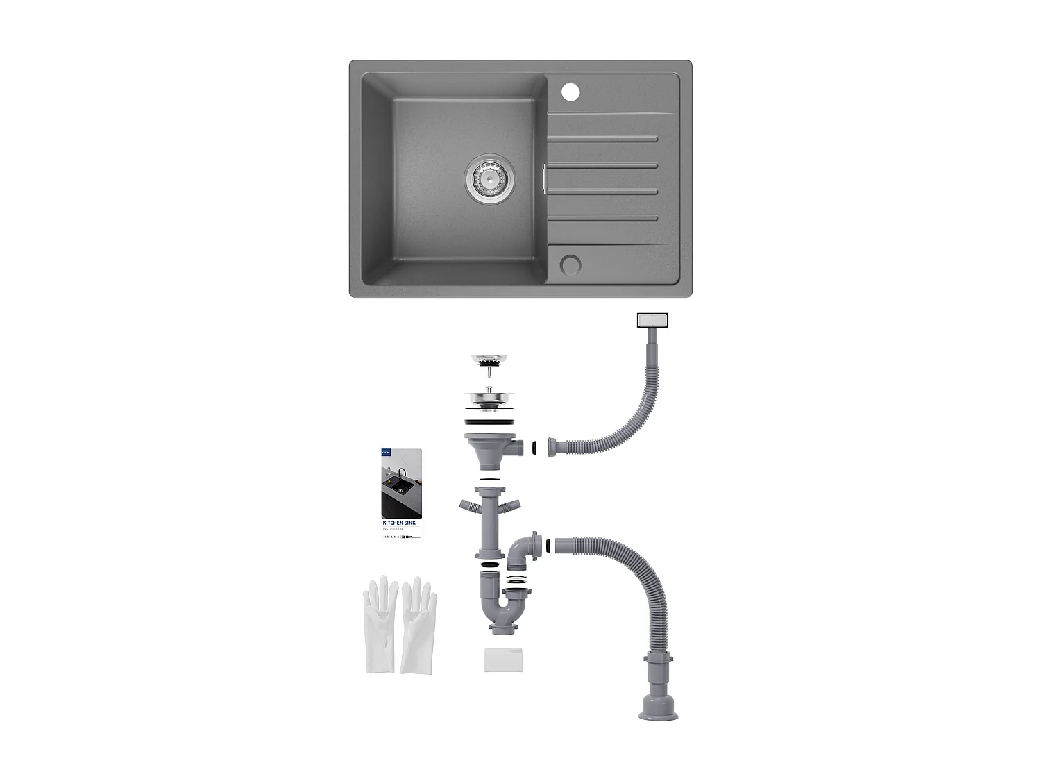 Cecipa MAX Evier à Encastrer 1 Bac avec Egouttoir, Quartz et Résine, Gris 65x45cm Evier 1 Bac en Quartz Evier de Cuisine en Granit