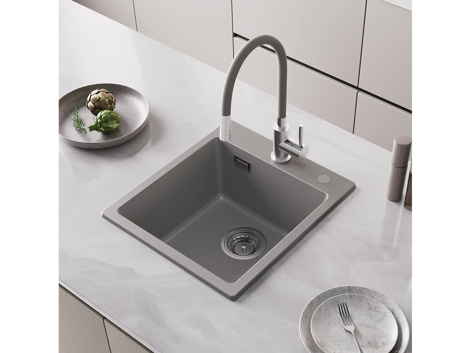 Cecipa MAX 40x45cm Gris Evier de Cuisine en Quartz et Résine Evier 1 Bac à Encastrer Evier de Cuisine 1 cuve Sans Distributeur de Savon